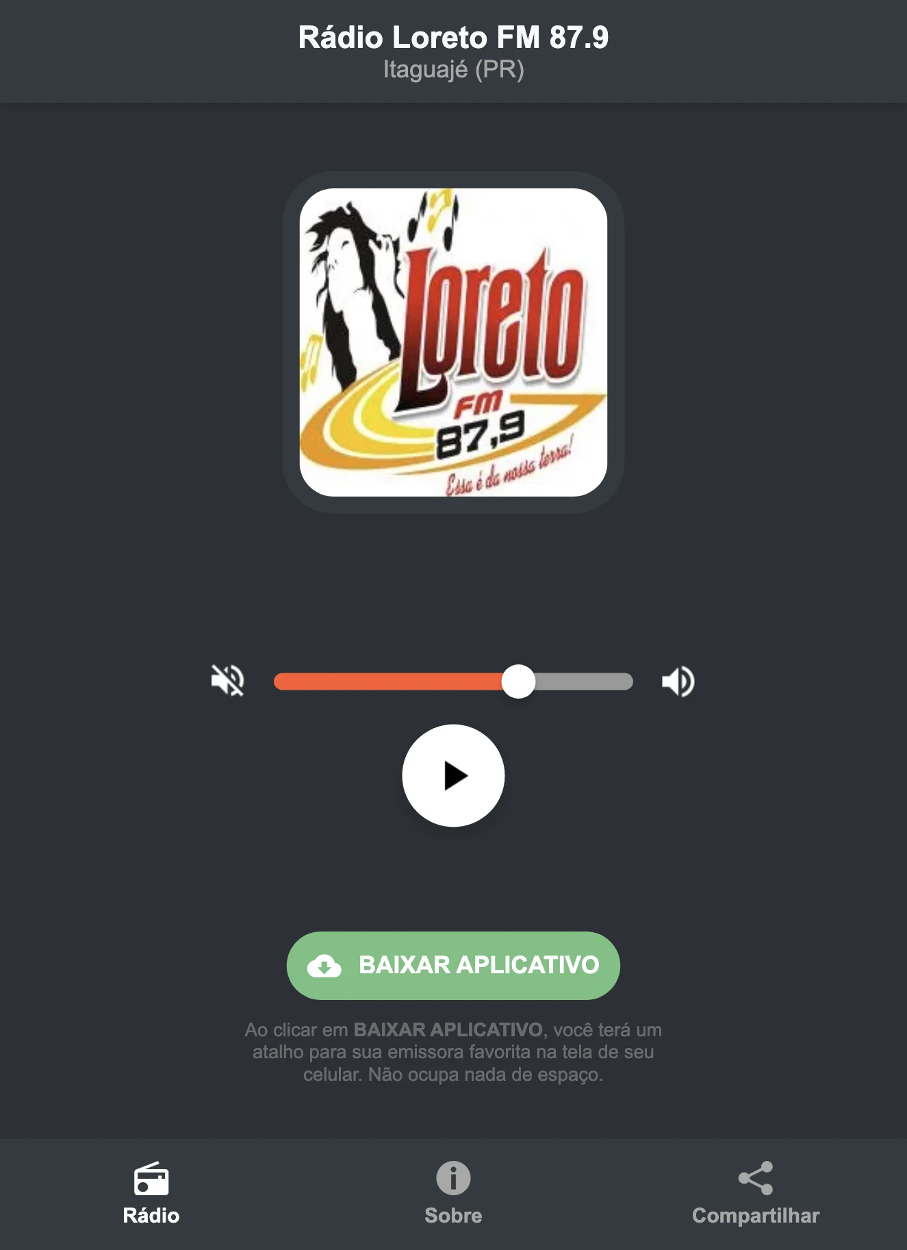 Screenshot do aplicativo da Rádio Loreto FM 87.9