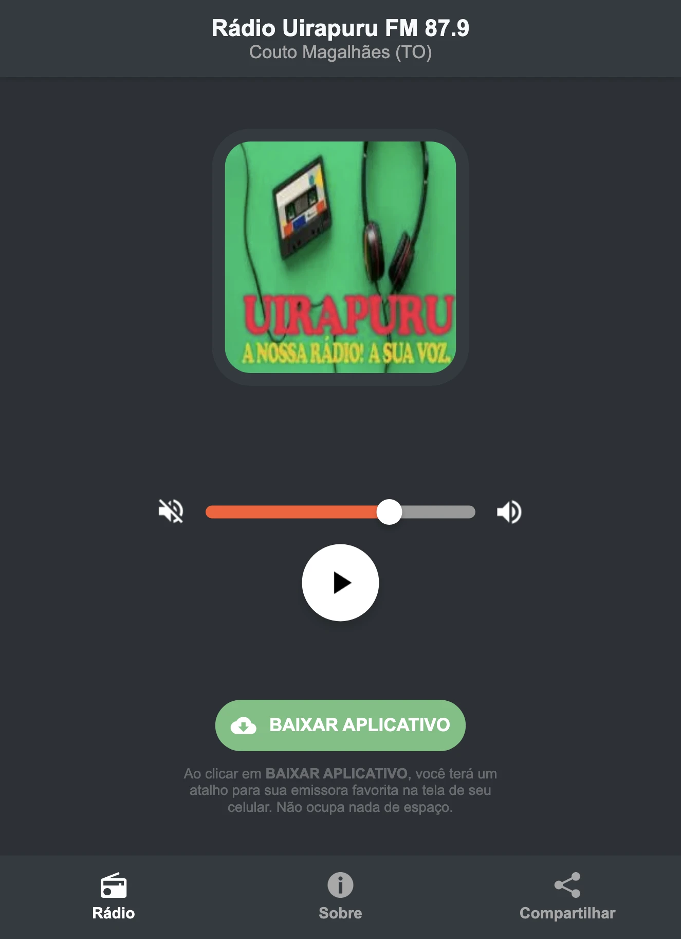 Screenshot do aplicativo da Rádio Uirapuru FM 87.9