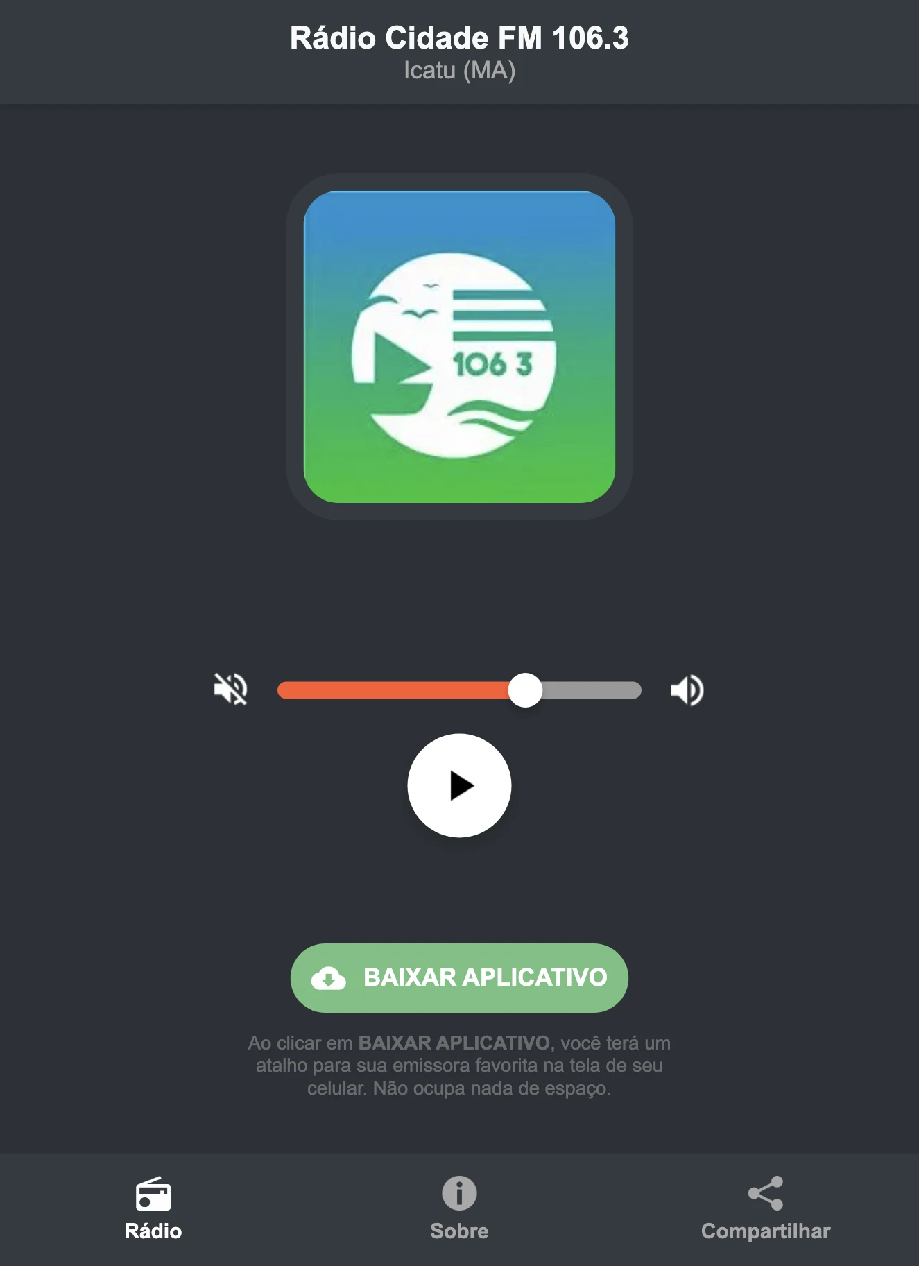 Screenshot do aplicativo da Rádio Cidade FM 106.3