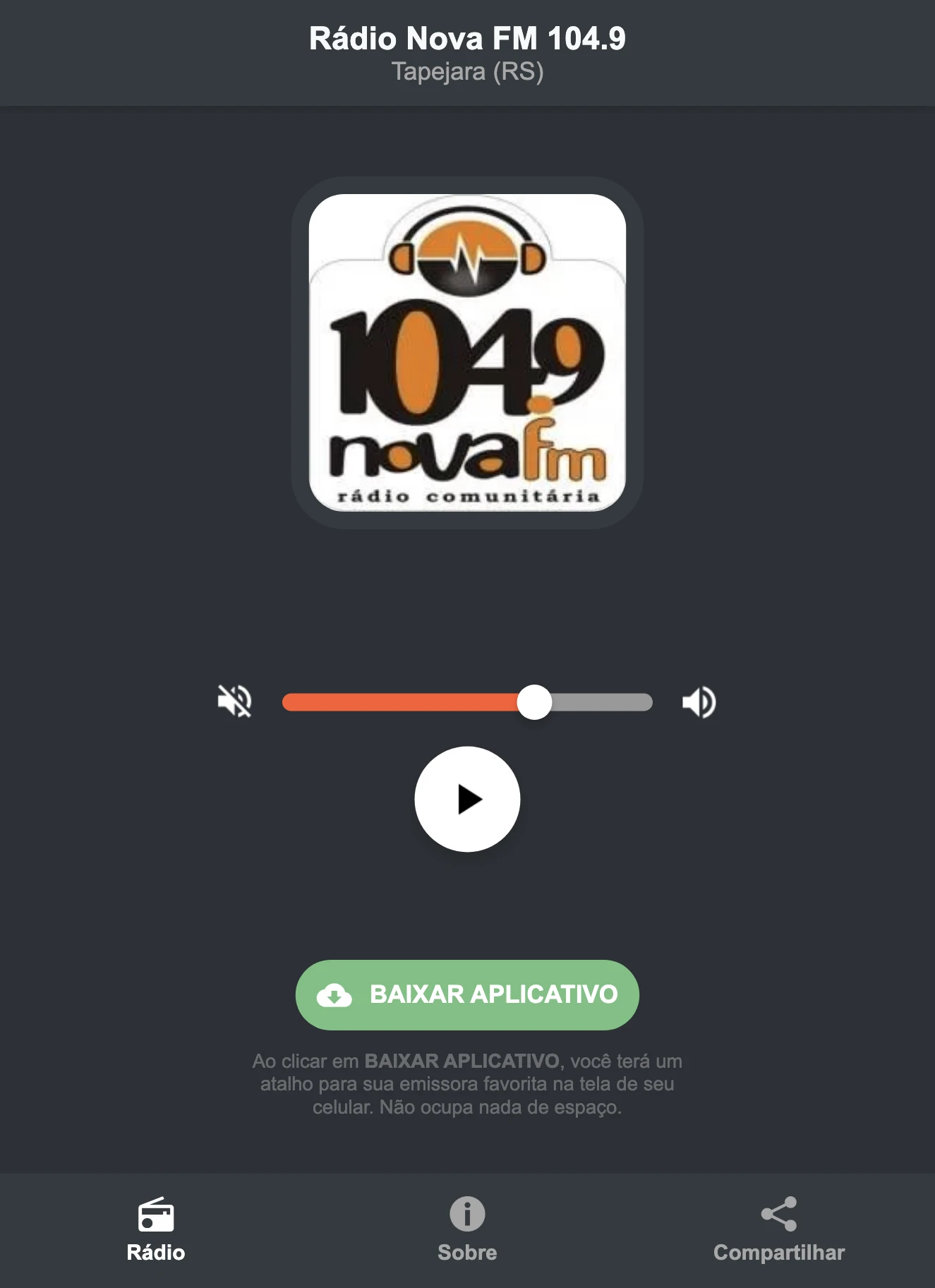 Screenshot do aplicativo da Rádio Nova FM 104.9