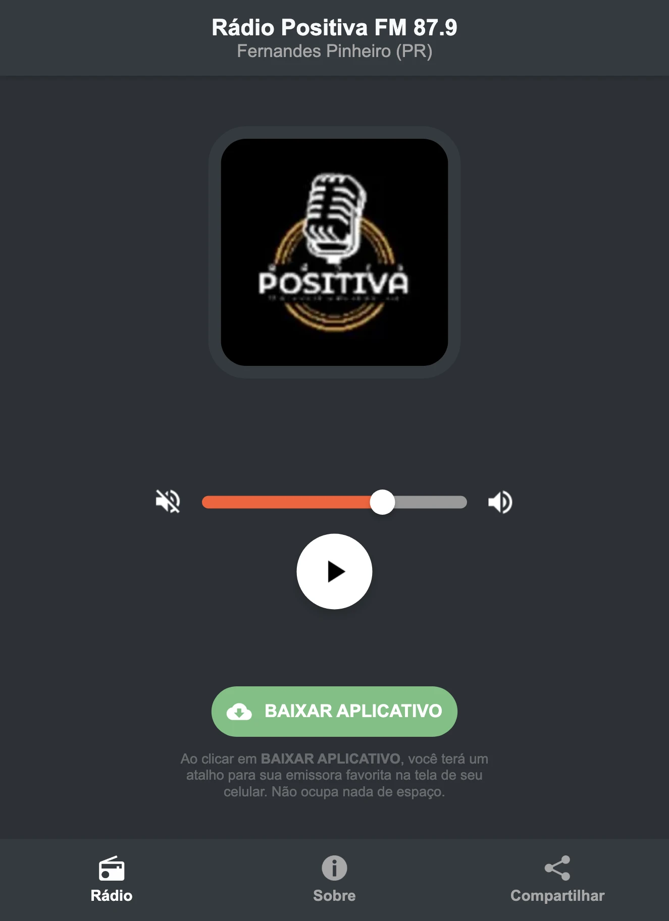 Screenshot do aplicativo da Rádio Positiva FM 87.9