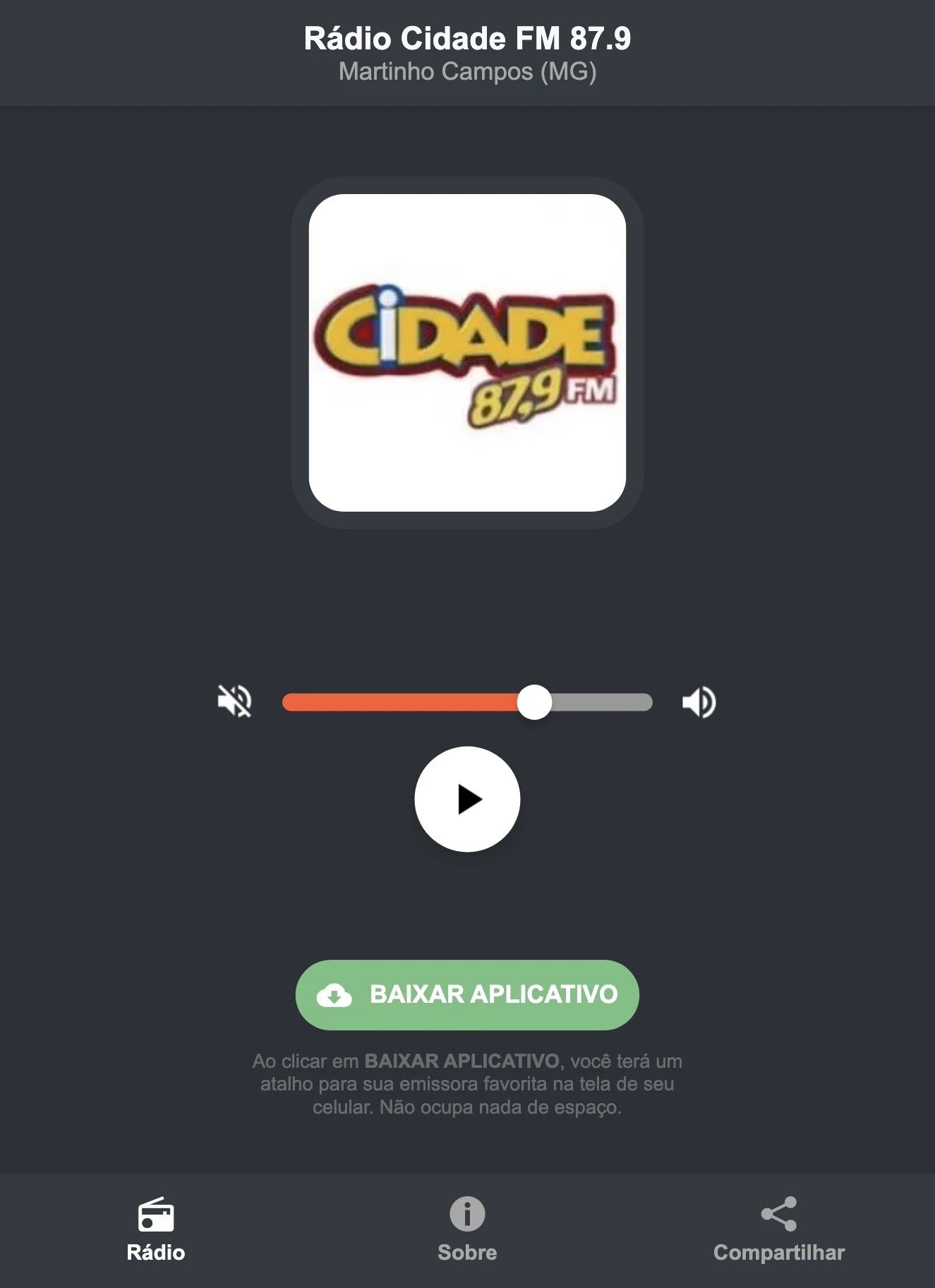Screenshot do aplicativo da Rádio Cidade FM 87.9