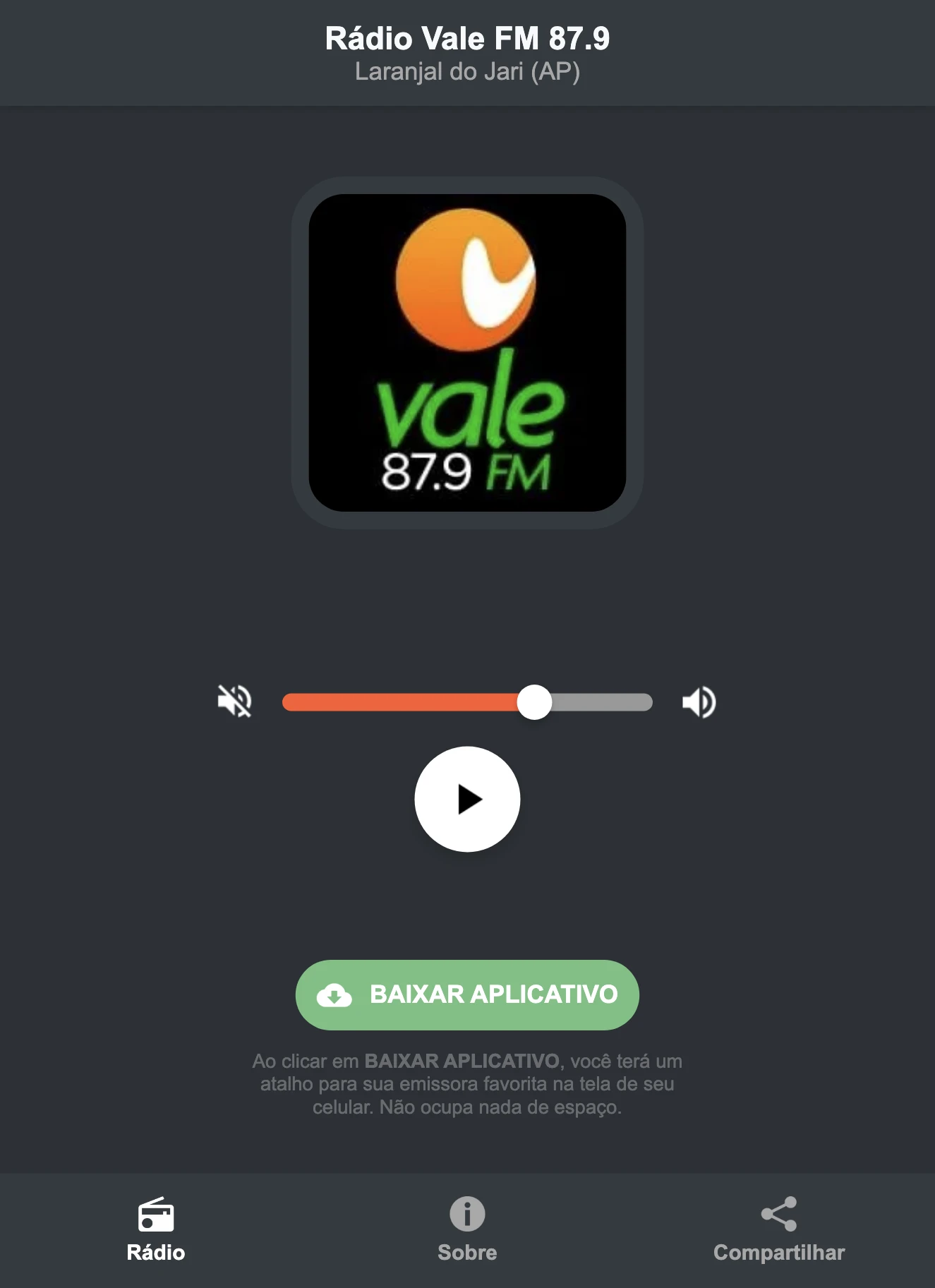 Screenshot do aplicativo da Rádio Vale FM 87.9