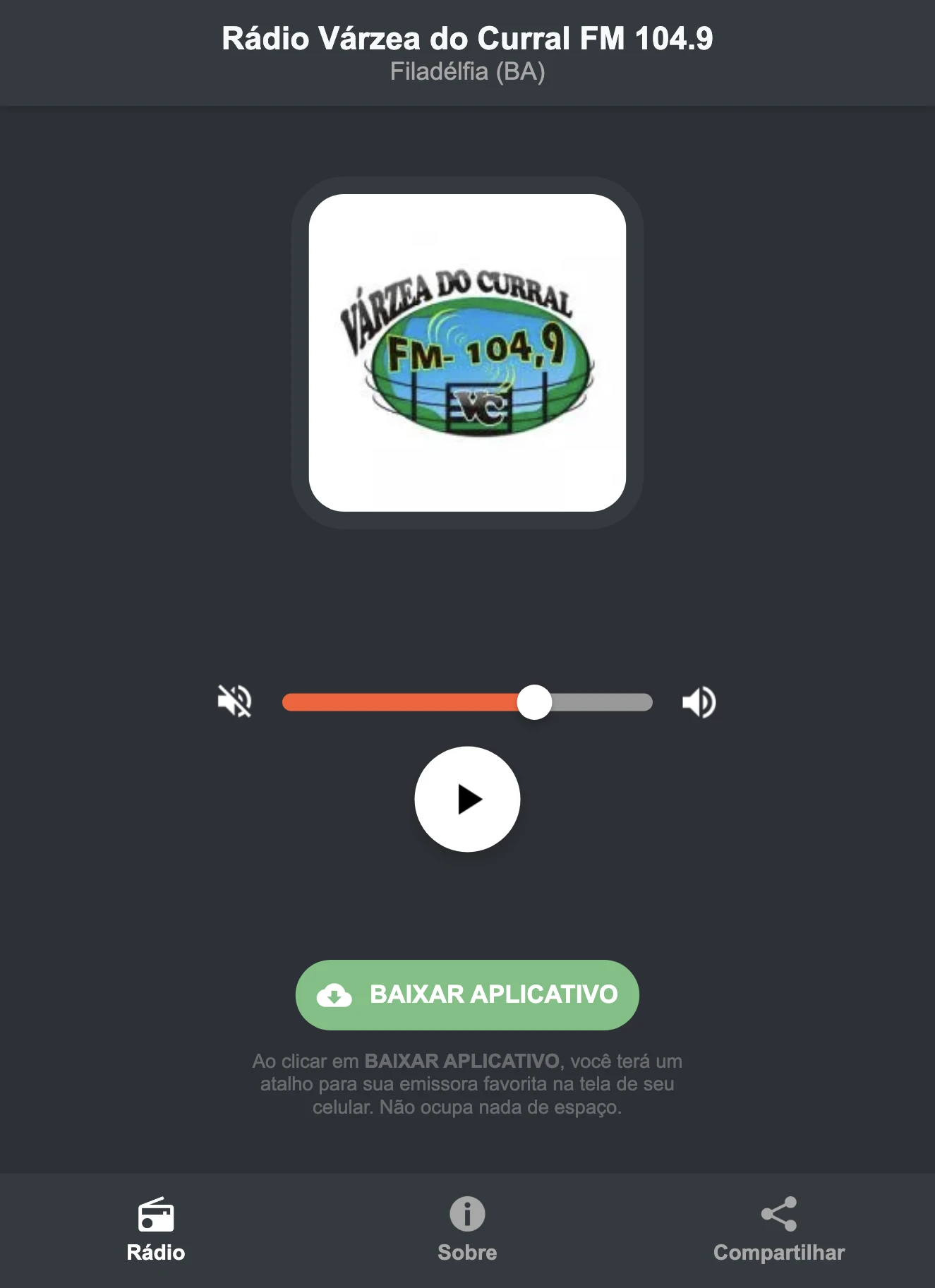 Screenshot do aplicativo da Rádio Várzea do Curral FM 104.9