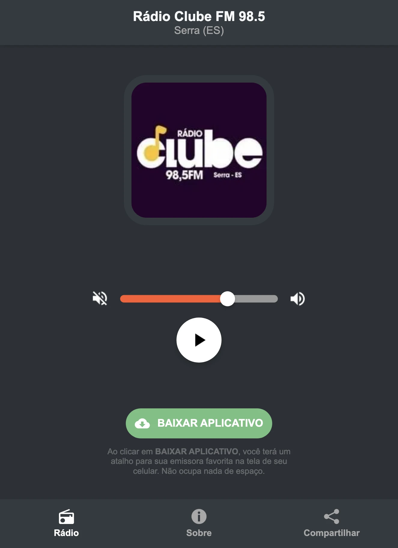 Screenshot do aplicativo da Rádio Clube FM 98.5