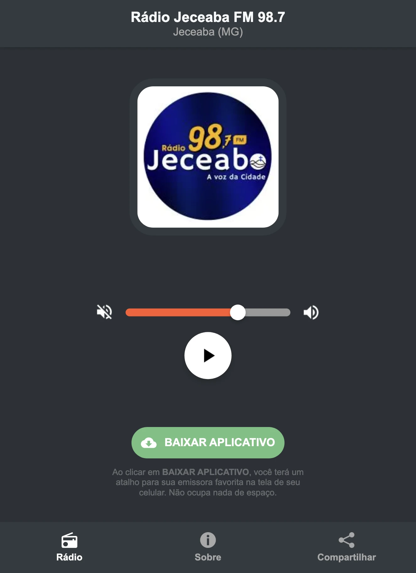 Screenshot do aplicativo da Rádio Jeceaba FM 98.7