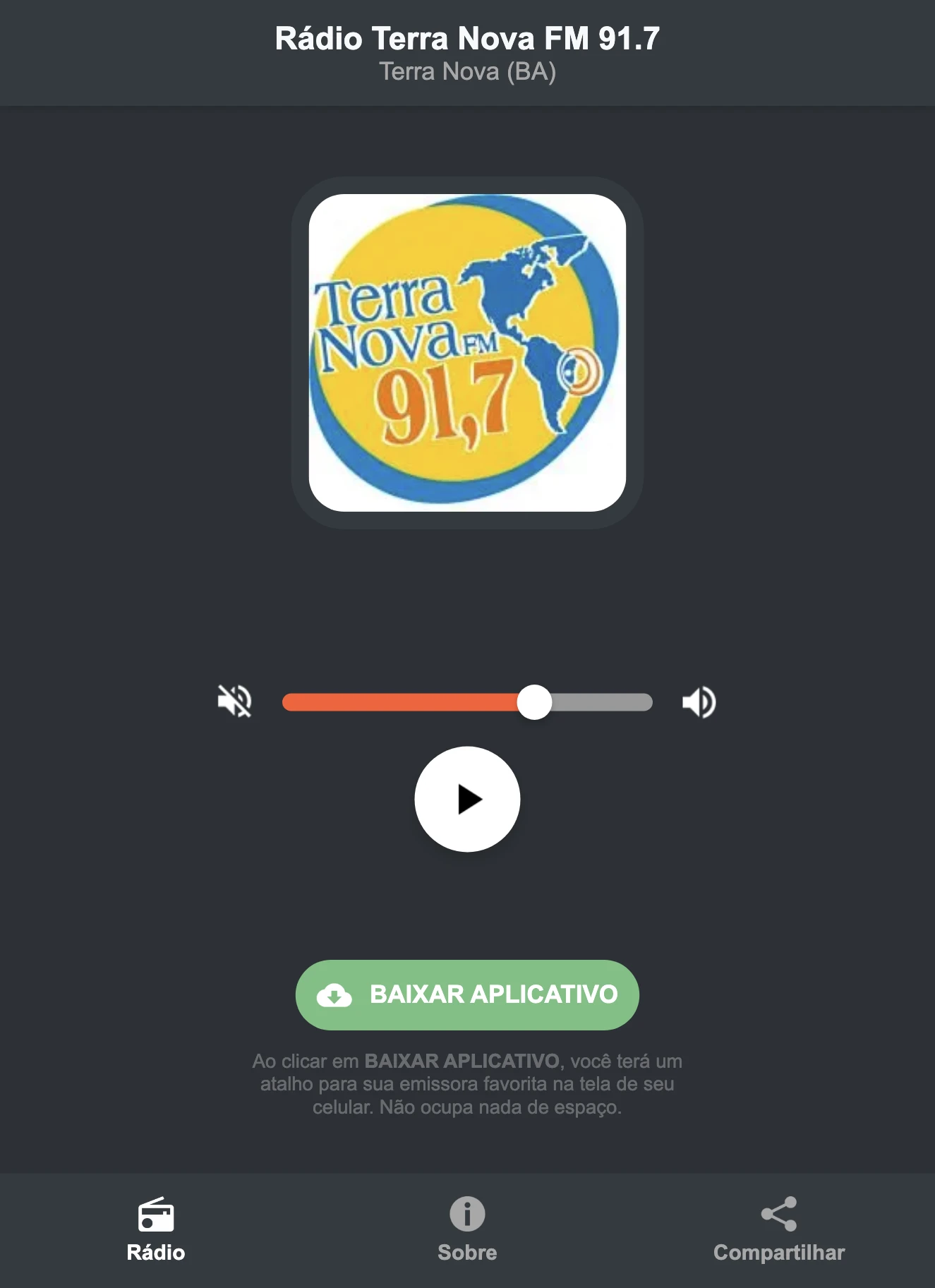 Screenshot do aplicativo da Rádio Terra Nova FM 91.7