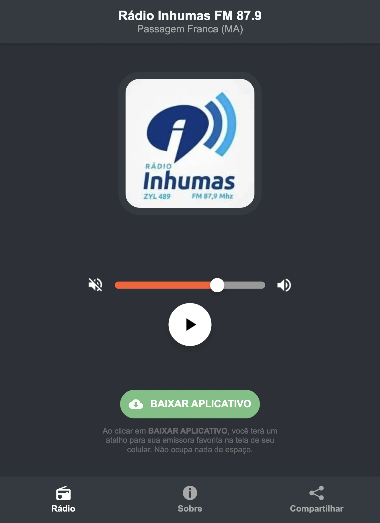Screenshot do aplicativo da Rádio Inhumas FM 87.9