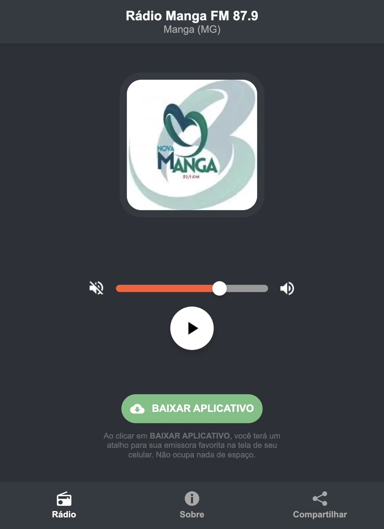 Screenshot do aplicativo da Rádio Manga FM 87.9