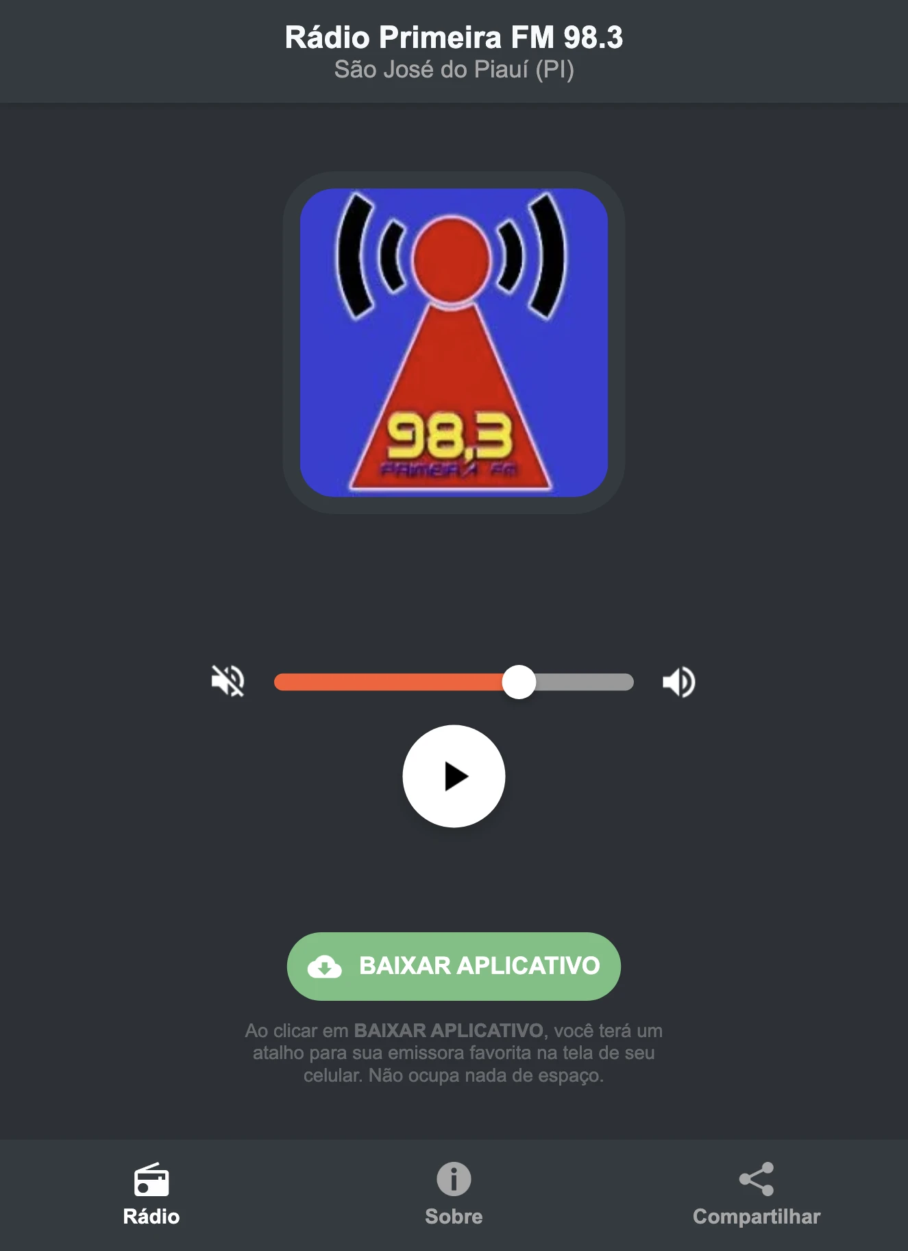 Screenshot do aplicativo da Rádio Primeira FM 98.3