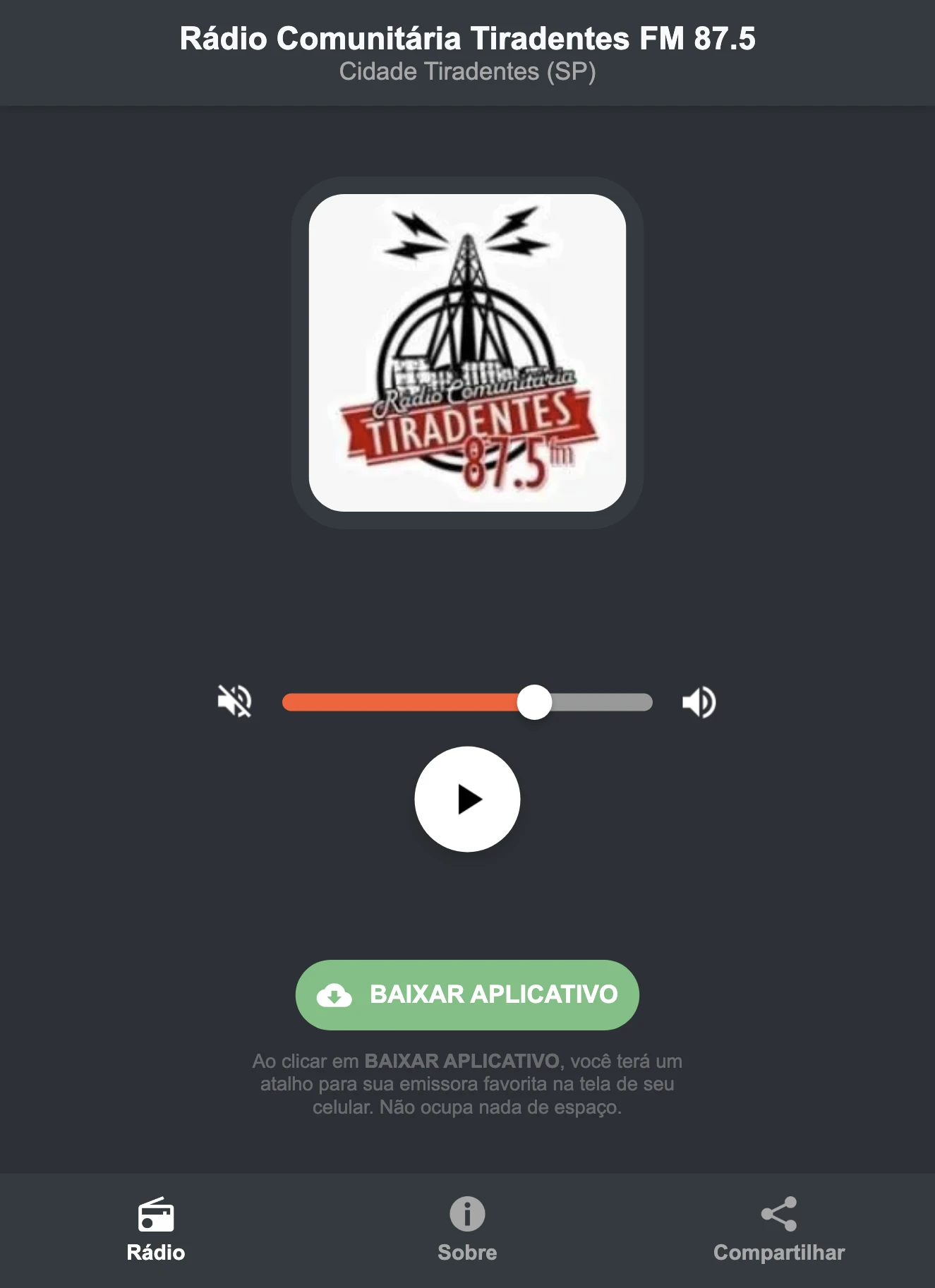 Screenshot do aplicativo da Rádio Comunitária Tiradentes FM 87.5