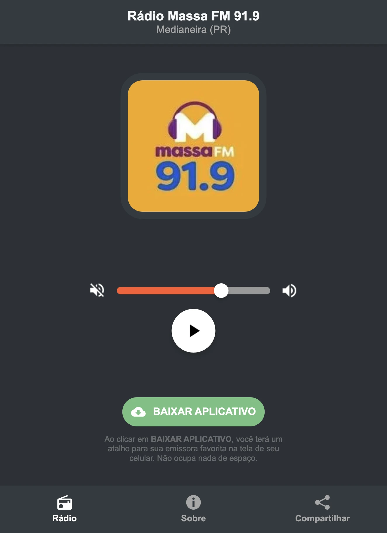 Screenshot do aplicativo da Rádio Massa FM 91.9