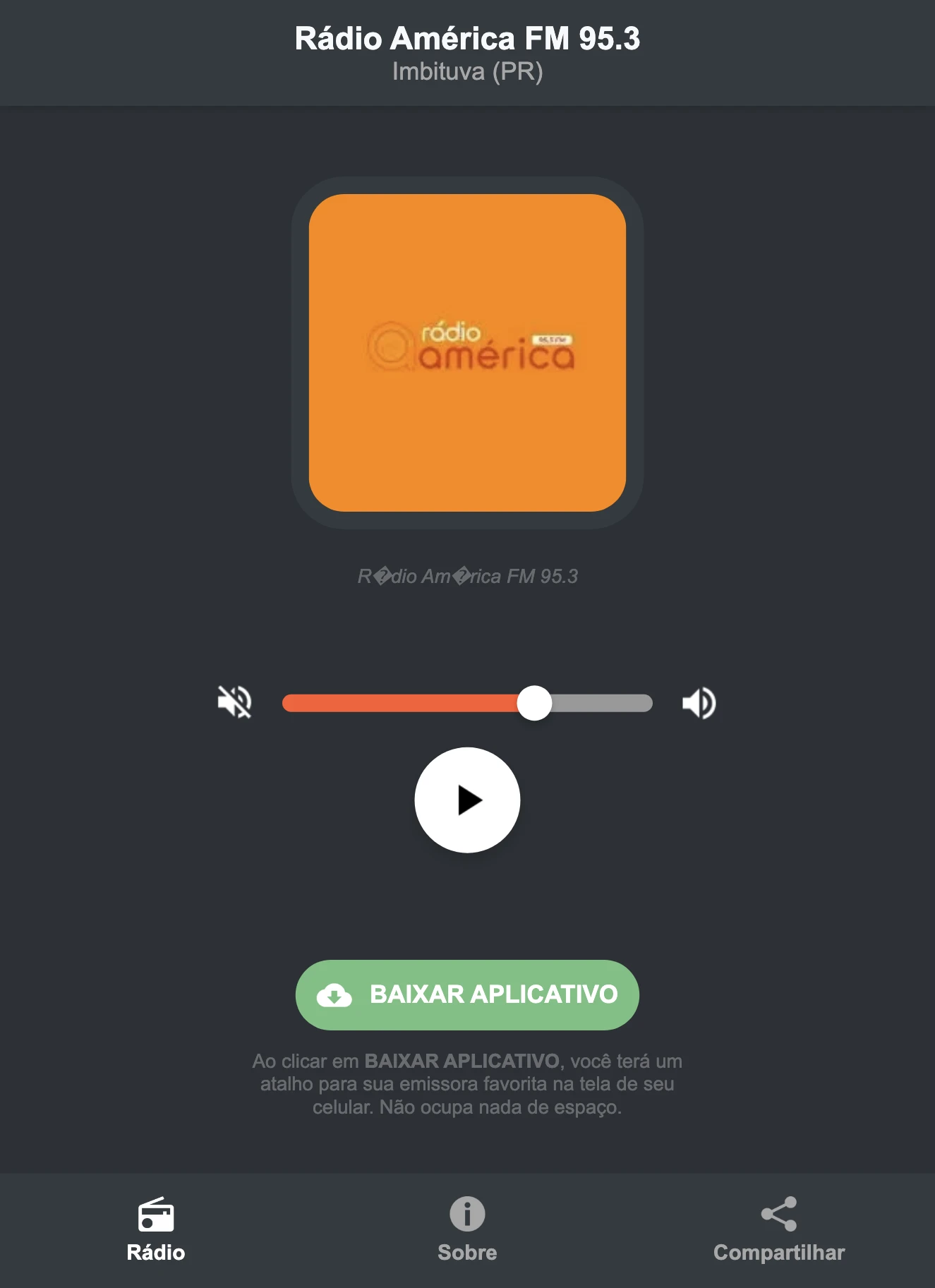 Screenshot do aplicativo da Rádio América FM 95.3