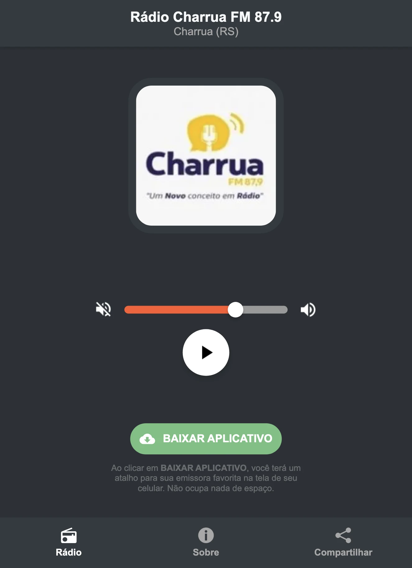 Screenshot do aplicativo da Rádio Charrua FM 87.9