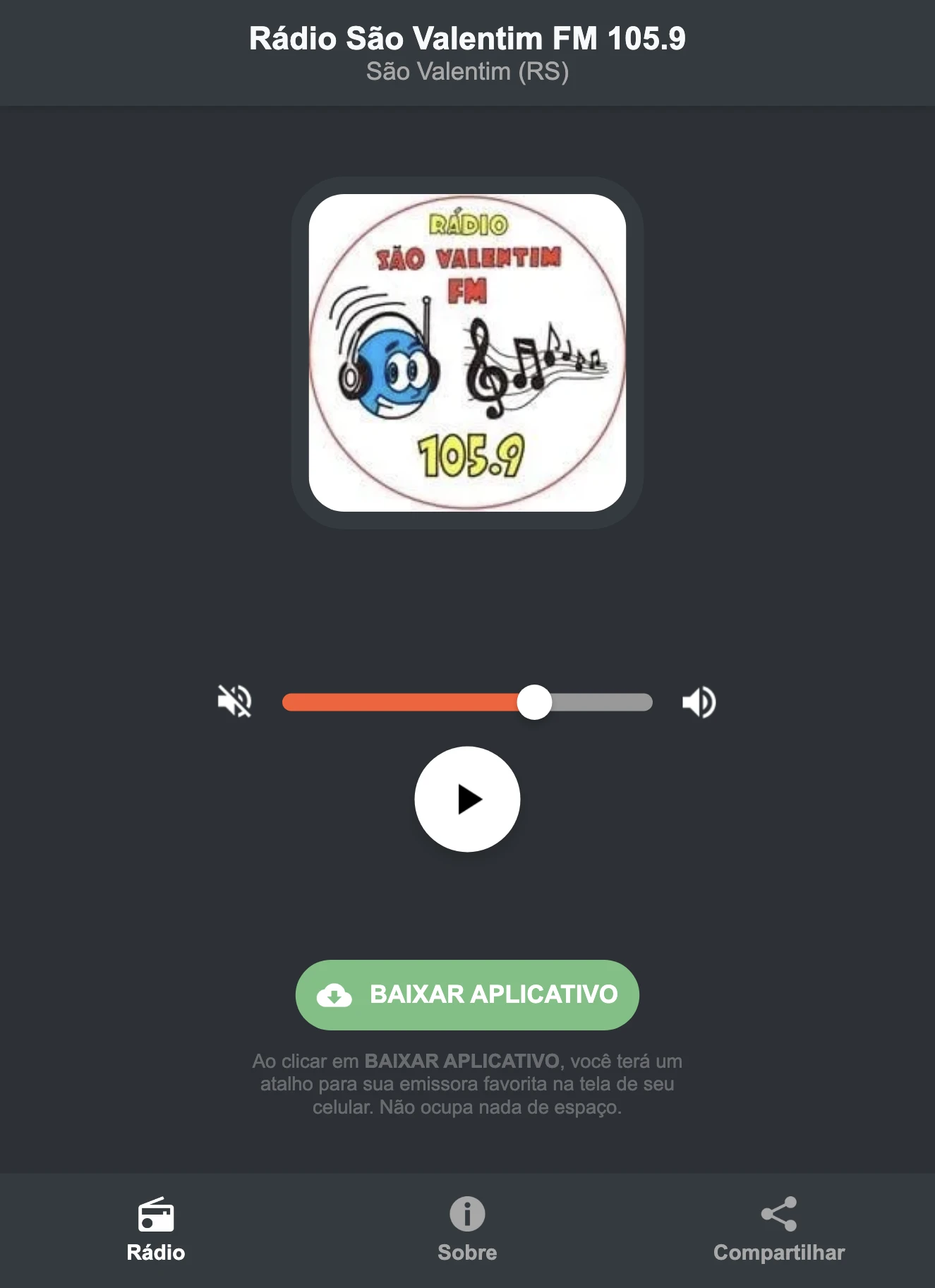 Screenshot do aplicativo da Rádio São Valentim FM 105.9