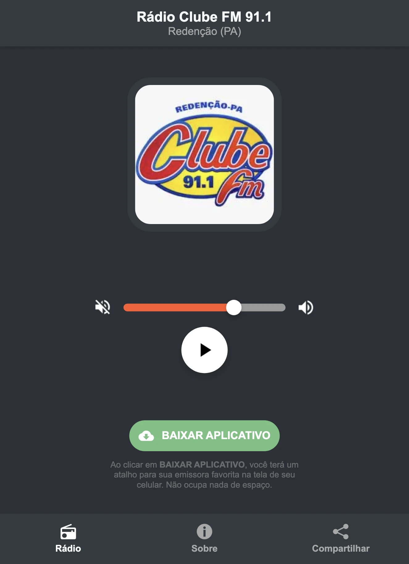 Screenshot do aplicativo da Rádio Clube FM 91.1