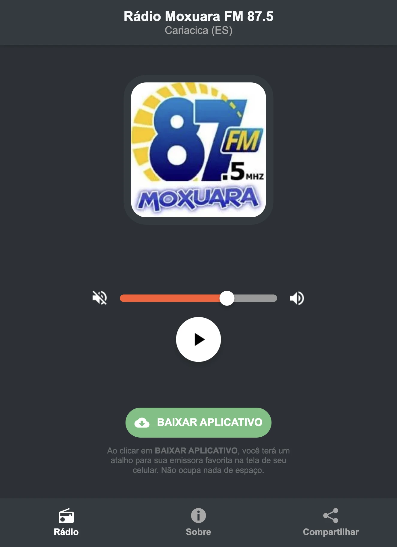 Screenshot do aplicativo da Rádio Moxuara FM 87.5