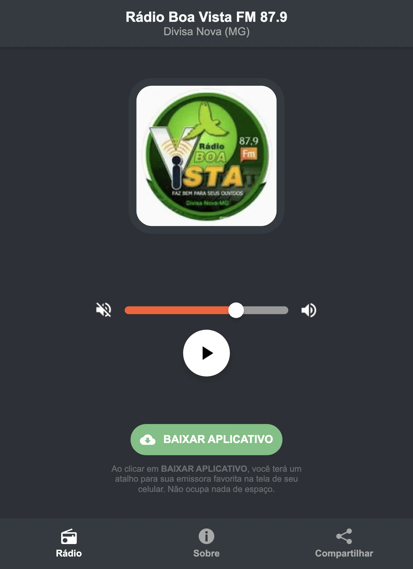 Screenshot do aplicativo da Rádio Boa Vista FM 87.9