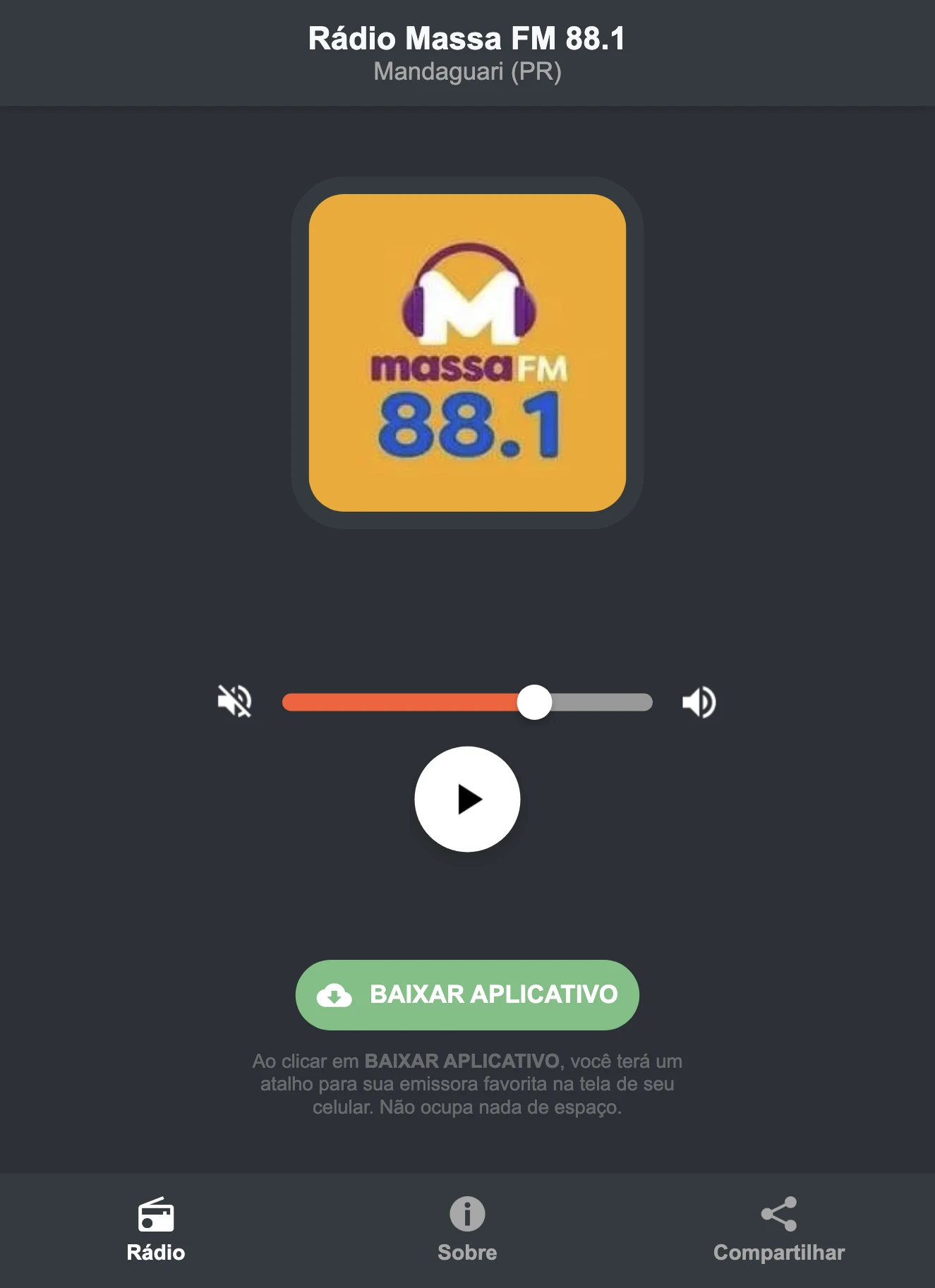 Screenshot do aplicativo da Rádio Massa FM 88.1