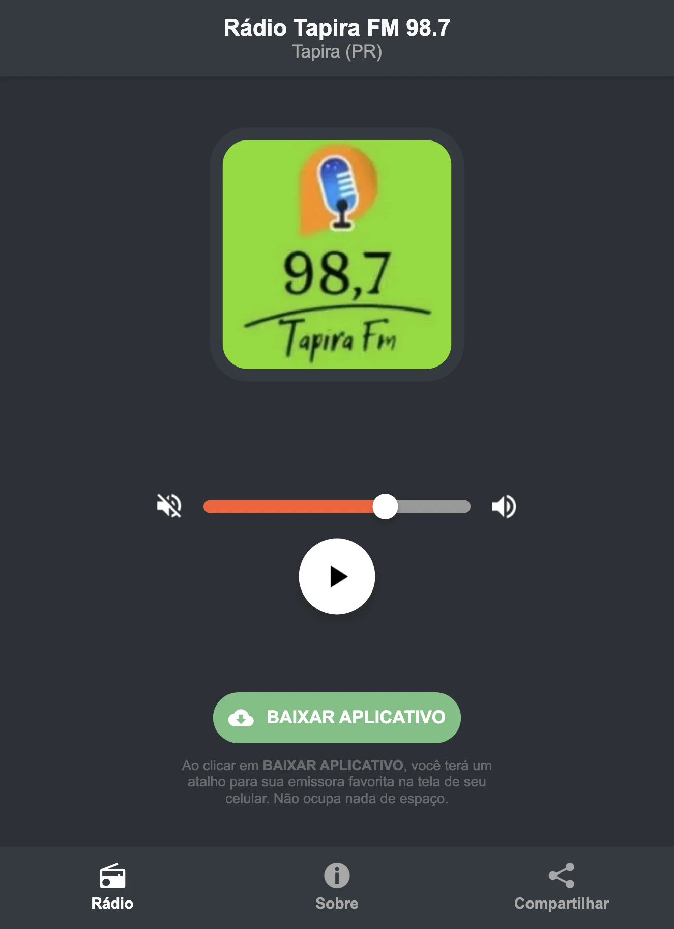 Screenshot do aplicativo da Rádio Tapira FM 98.7