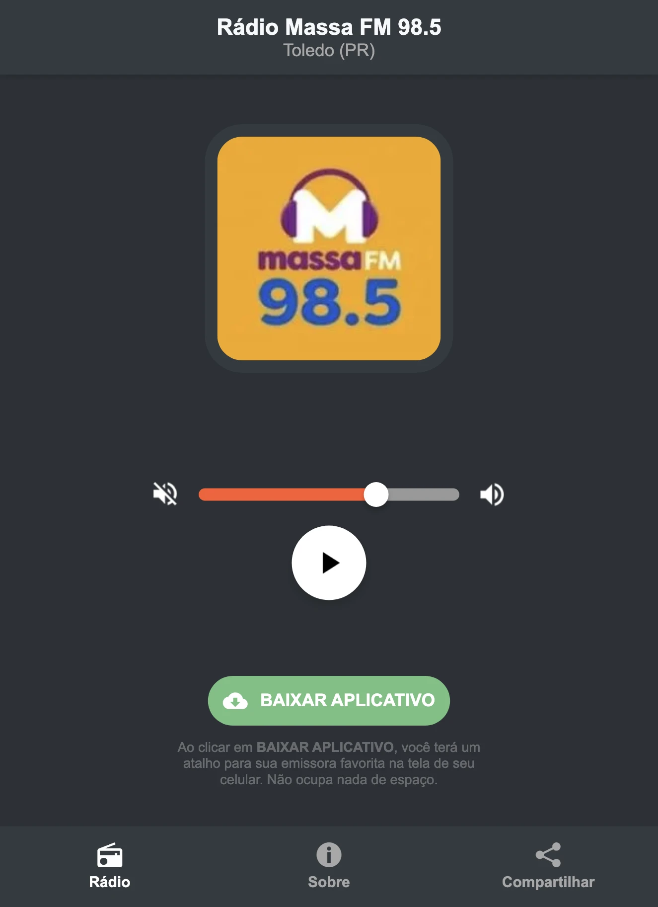 Screenshot do aplicativo da Rádio Massa FM 98.5