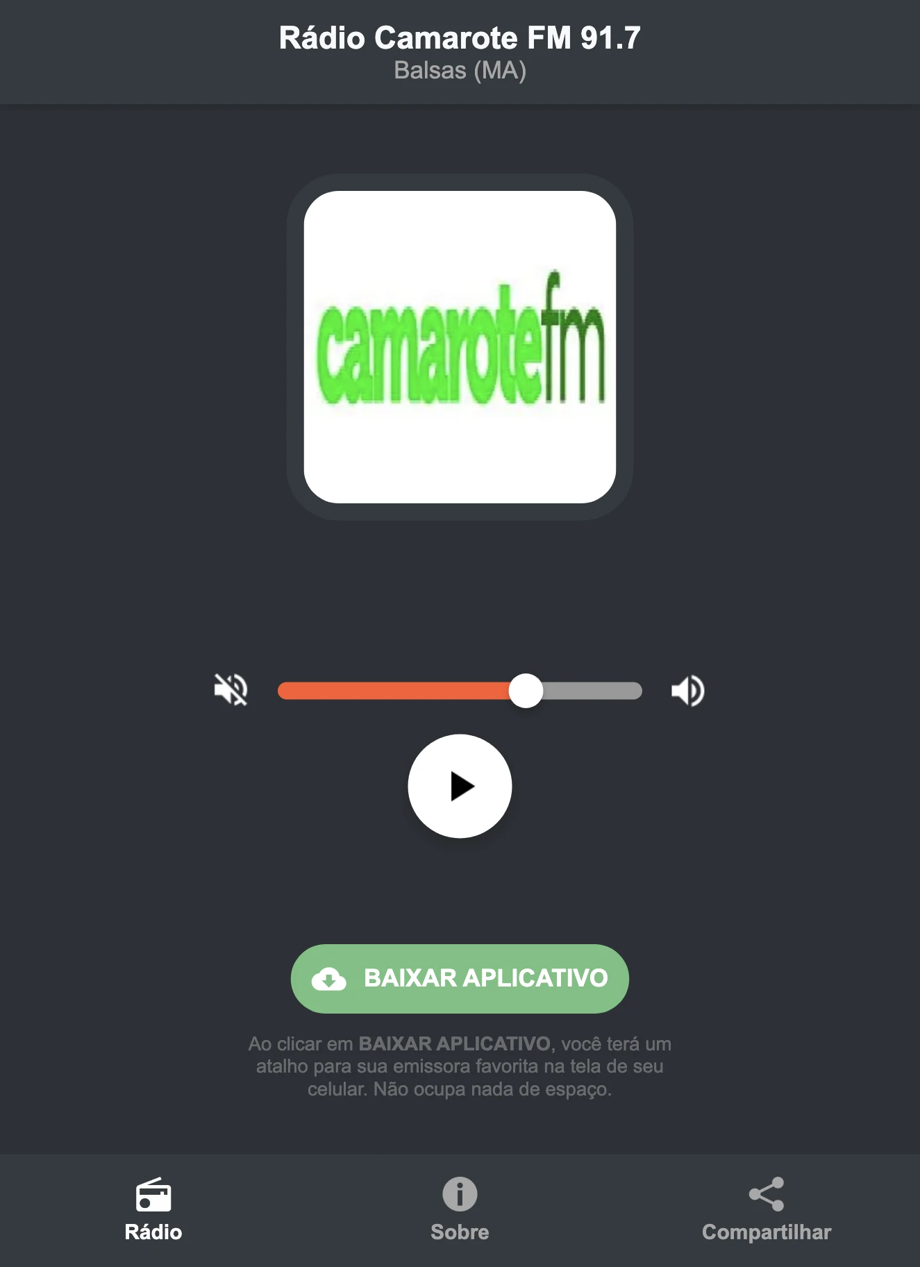 Screenshot do aplicativo da Rádio Camarote FM 91.7