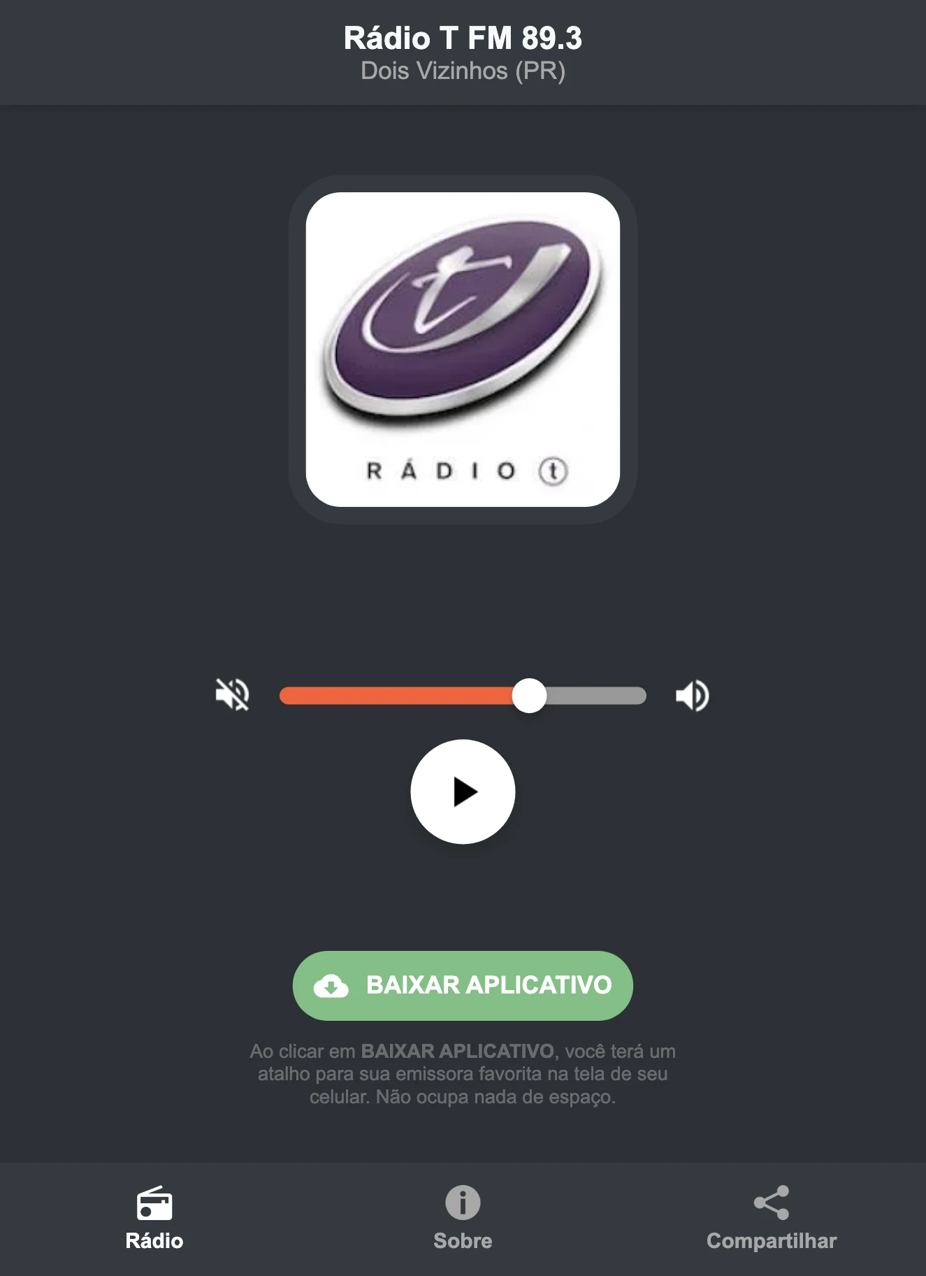 Screenshot do aplicativo da Rádio T FM 89.3