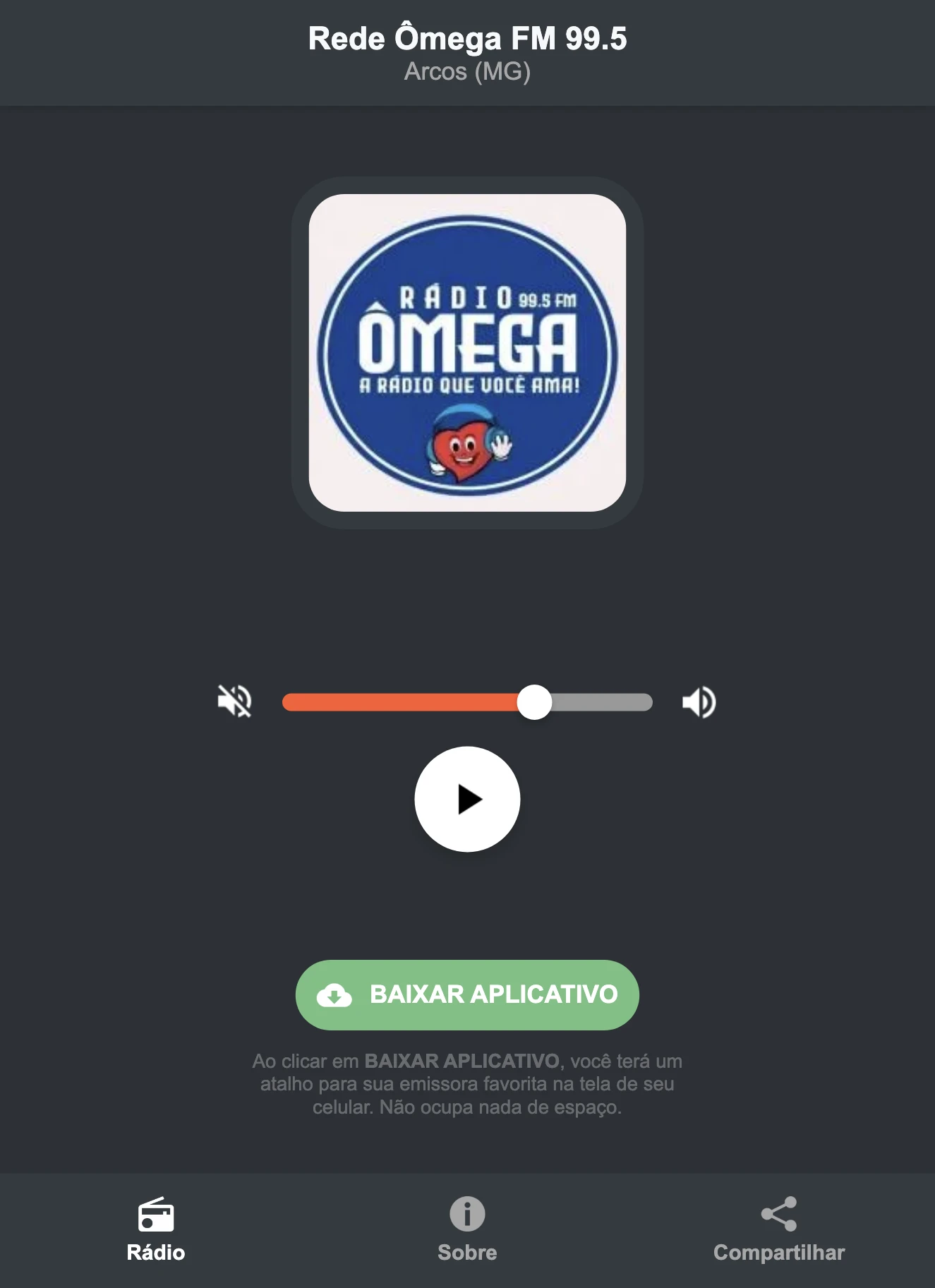 Screenshot do aplicativo da Rede Ômega FM 99.5