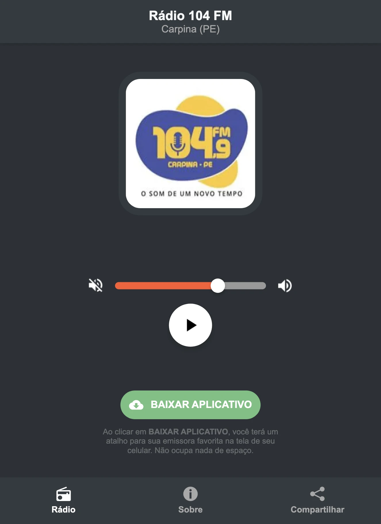 Screenshot do aplicativo da Rádio 104 FM
