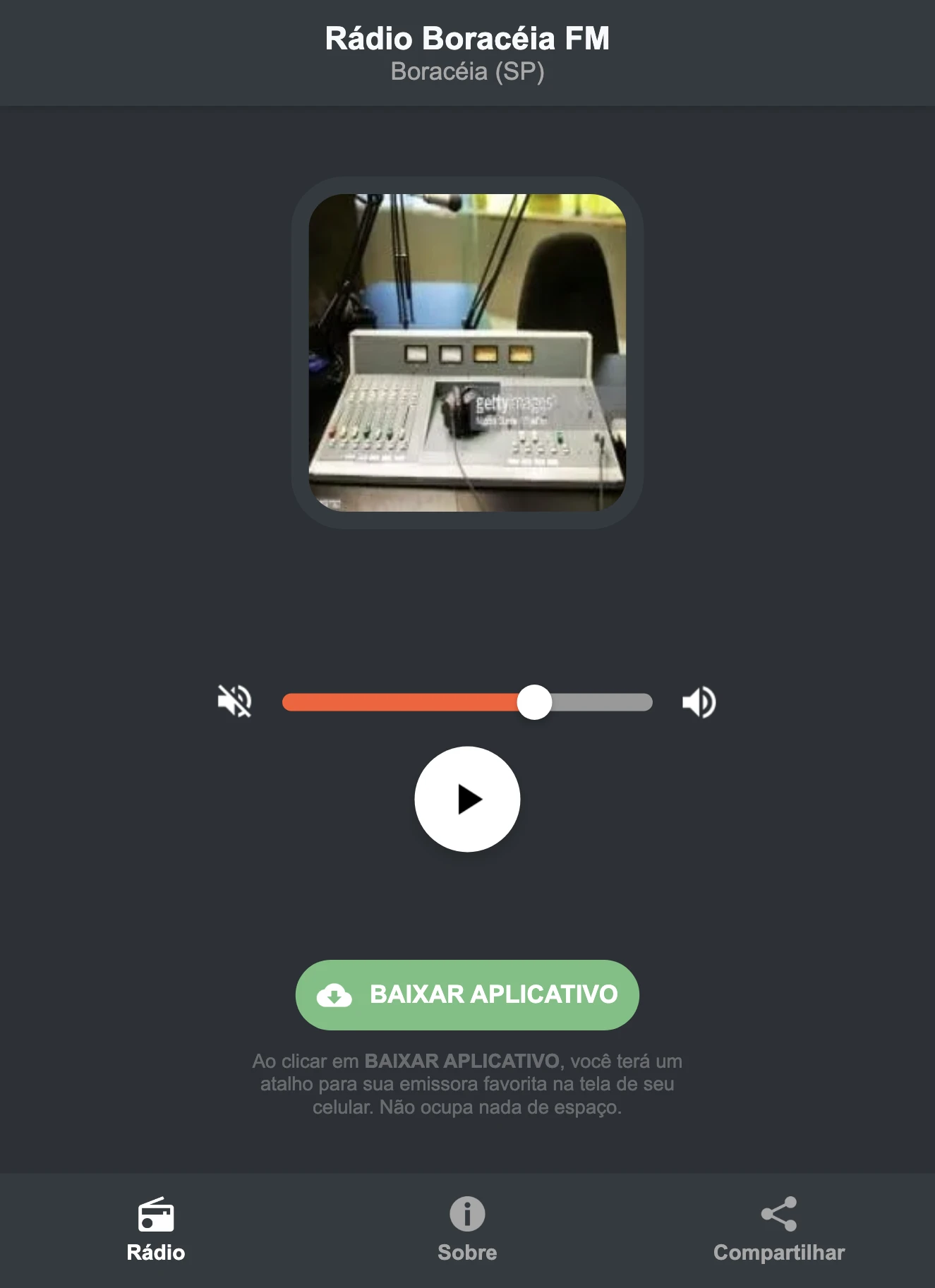 Screenshot do aplicativo da Rádio Boracéia FM