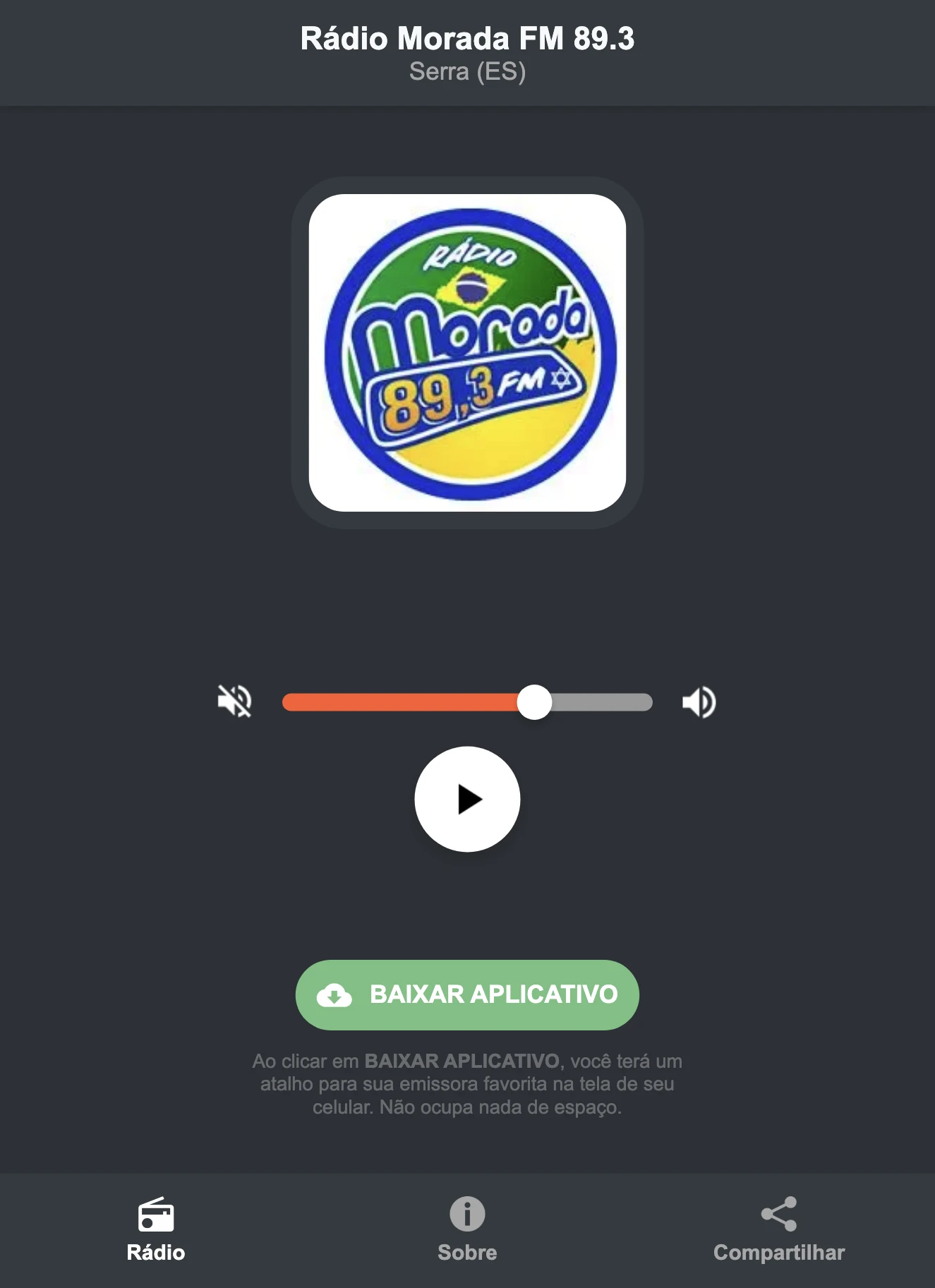 Screenshot do aplicativo da Rádio Morada FM 89.3