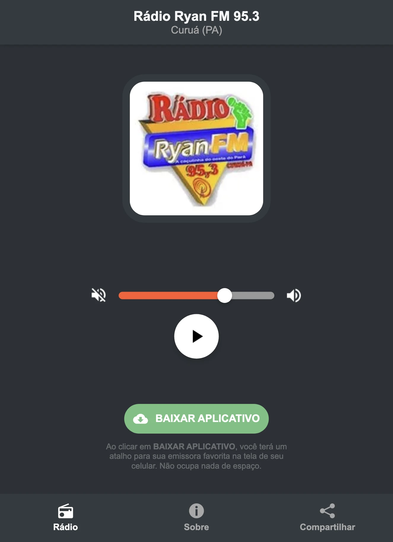 Screenshot do aplicativo da Rádio Ryan FM 95.3