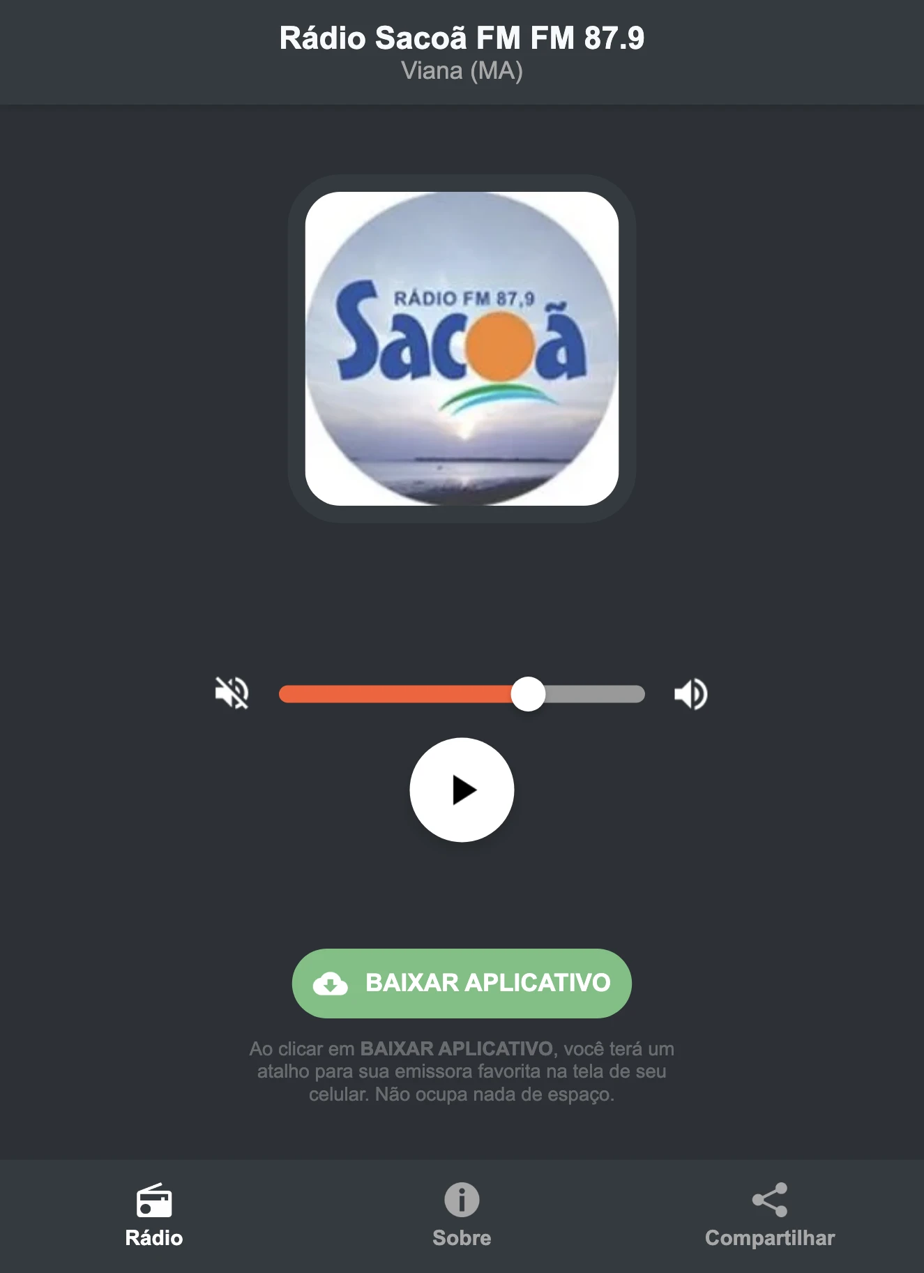 Screenshot do aplicativo da Rádio Sacoã FM FM 87.9