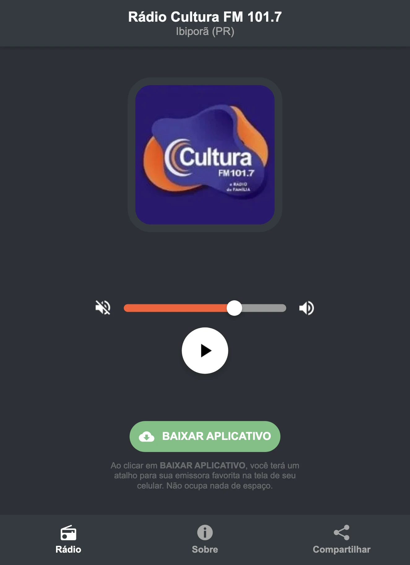 Screenshot do aplicativo da Rádio Cultura FM 101.7