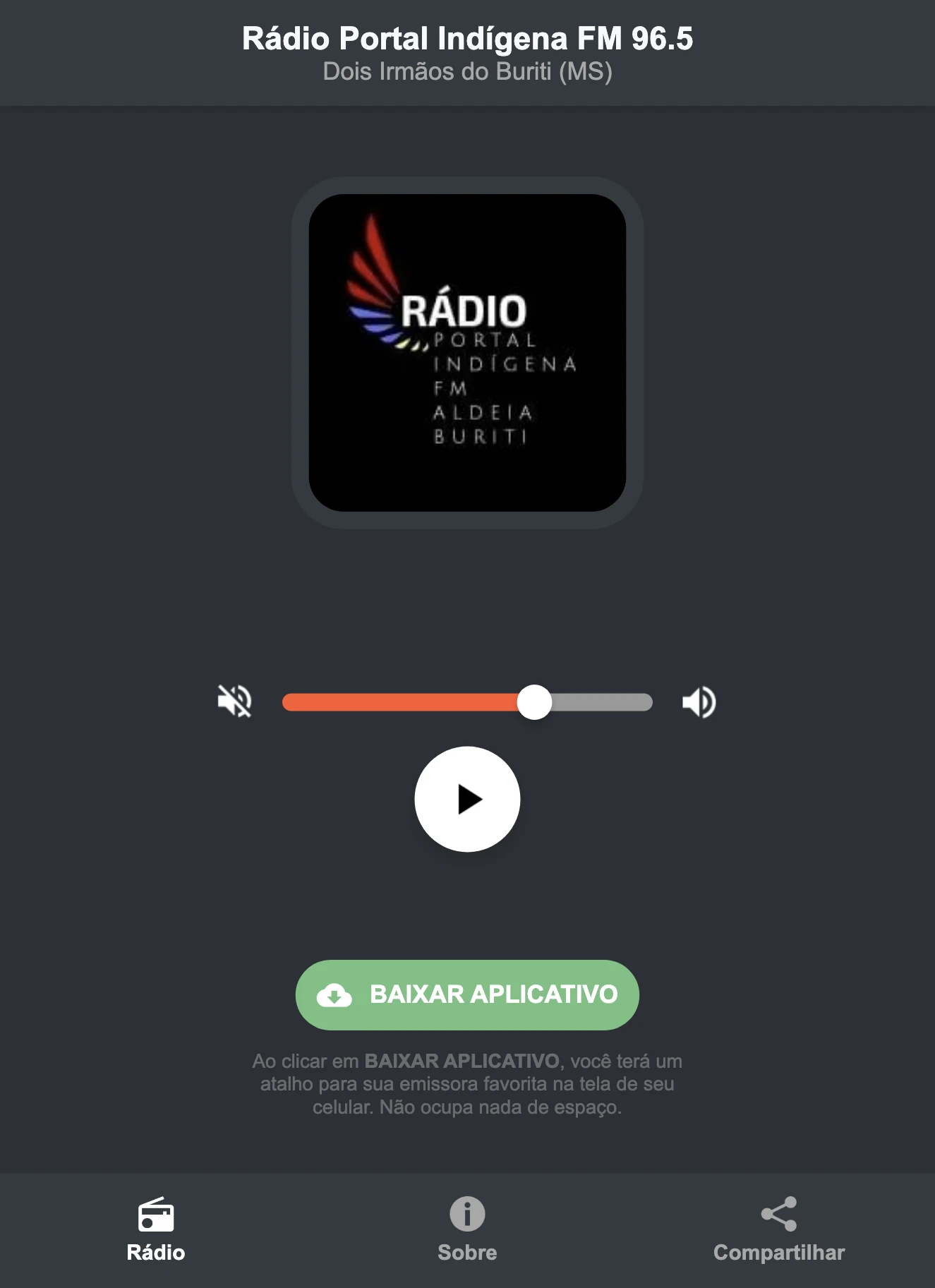 Screenshot do aplicativo da Rádio Portal Indígena FM 96.5