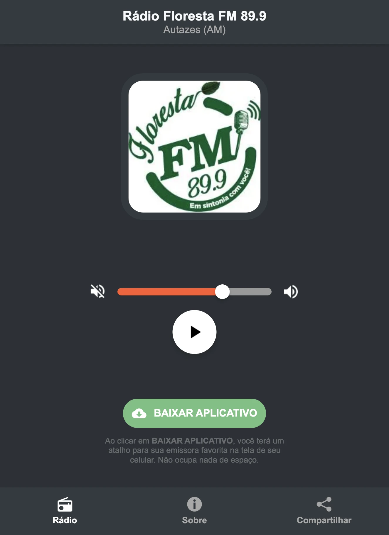 Screenshot do aplicativo da Rádio Floresta FM 89.9