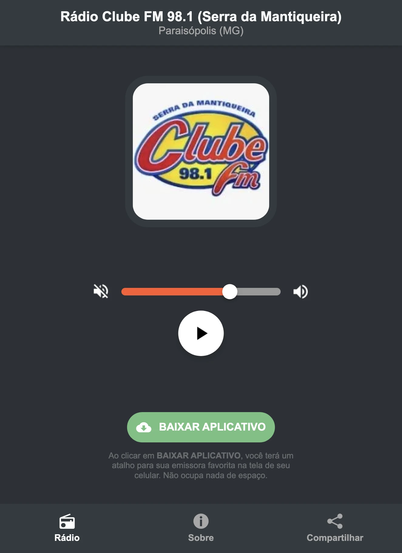 Screenshot do aplicativo da Rádio Clube FM 98.1 (Serra da Mantiqueira)