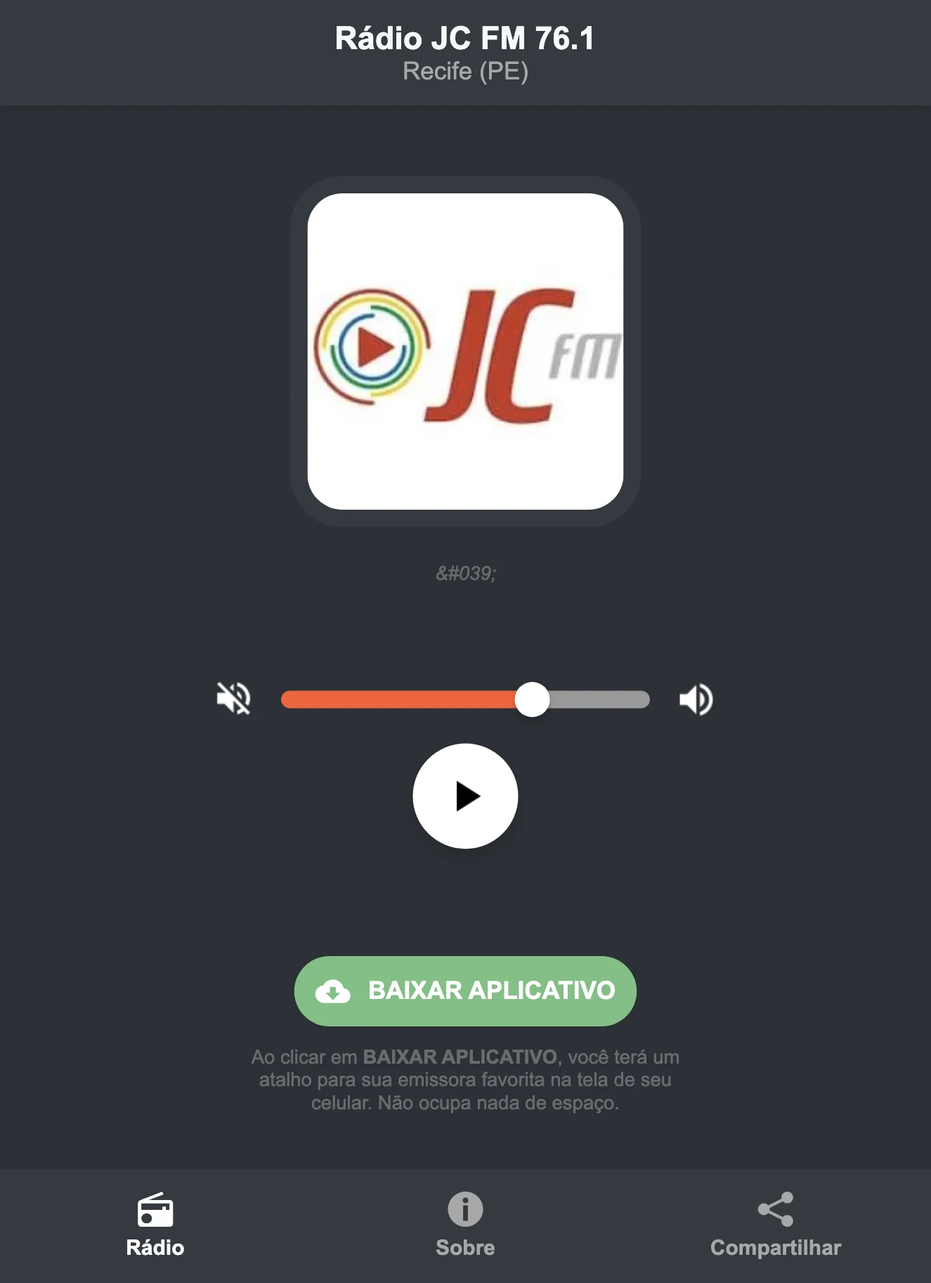 Screenshot do aplicativo da Rádio JC FM 76.1