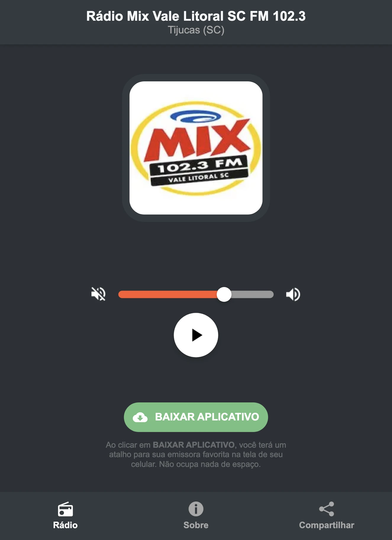 Screenshot do aplicativo da Rádio Mix Vale Litoral SC FM 102.3