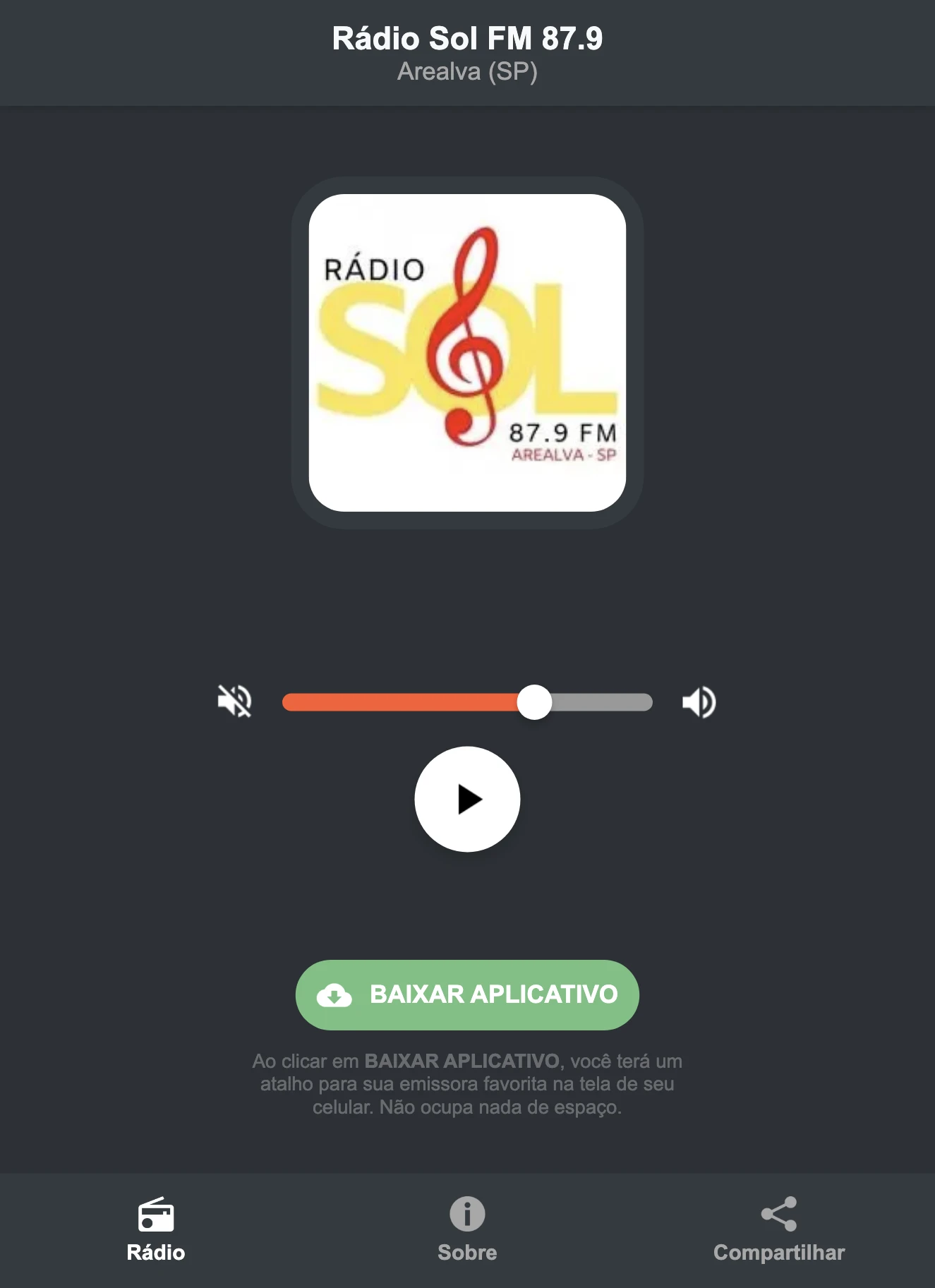 Screenshot do aplicativo da Rádio Sol FM 87.9