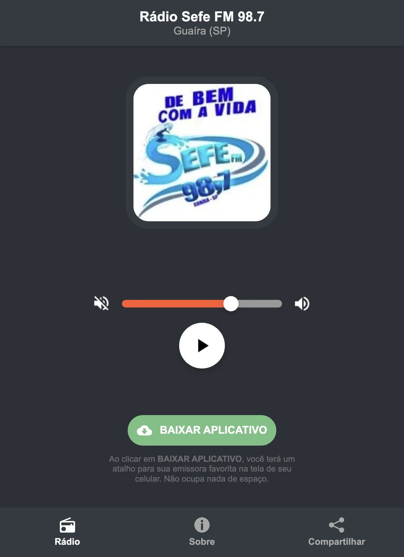 Screenshot do aplicativo da Rádio Sefe FM 98.7