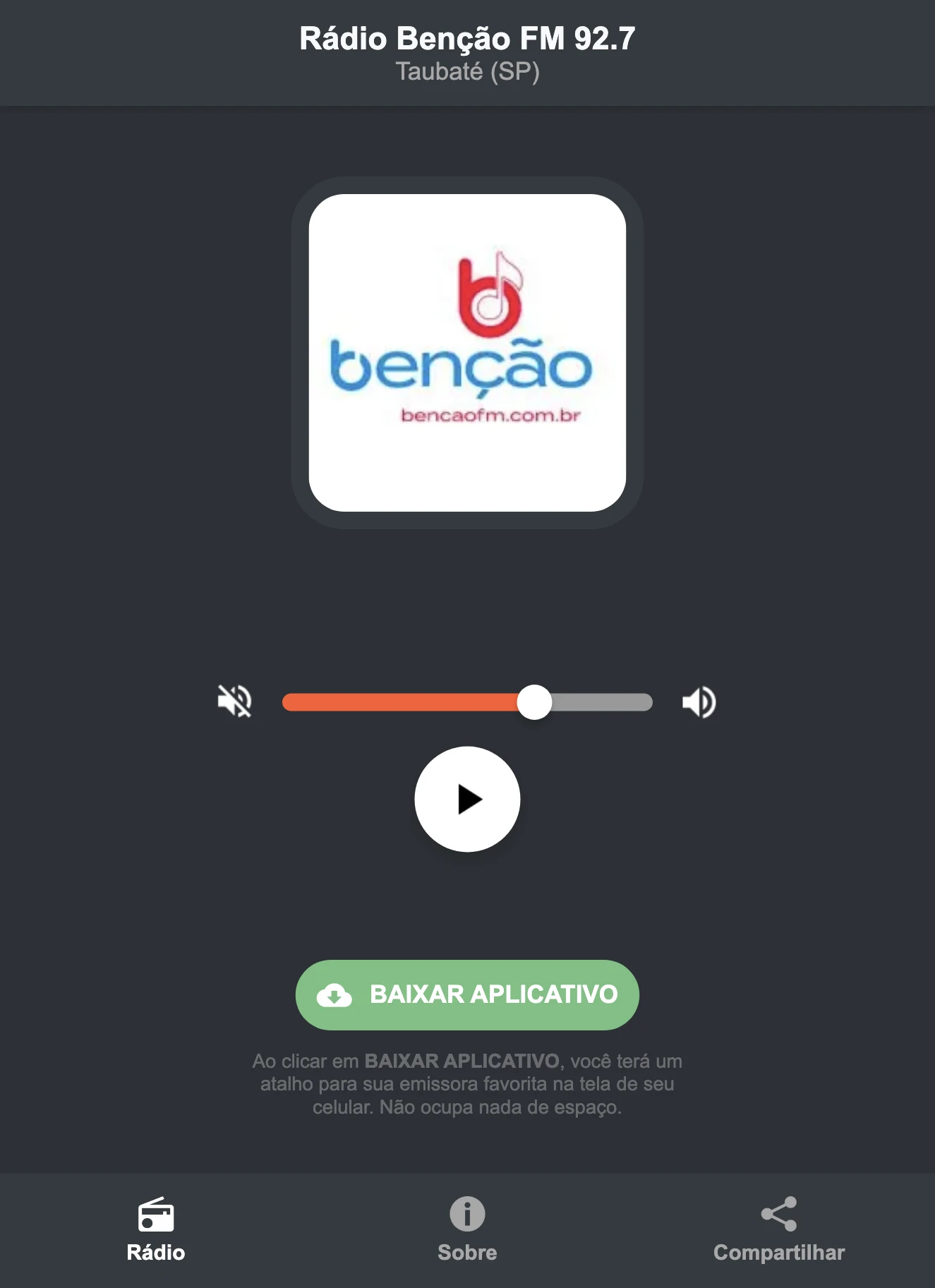 Screenshot do aplicativo da Rádio Benção FM 92.7