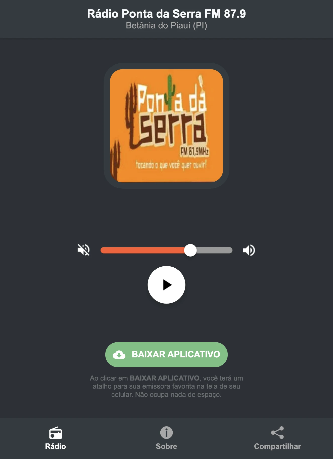 Screenshot do aplicativo da Rádio Ponta da Serra FM 87.9