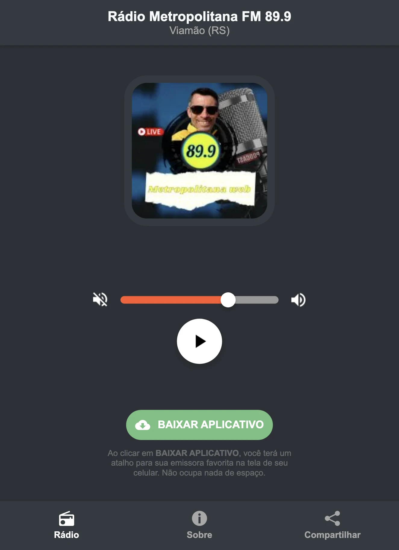Screenshot do aplicativo da Rádio Metropolitana FM 89.9