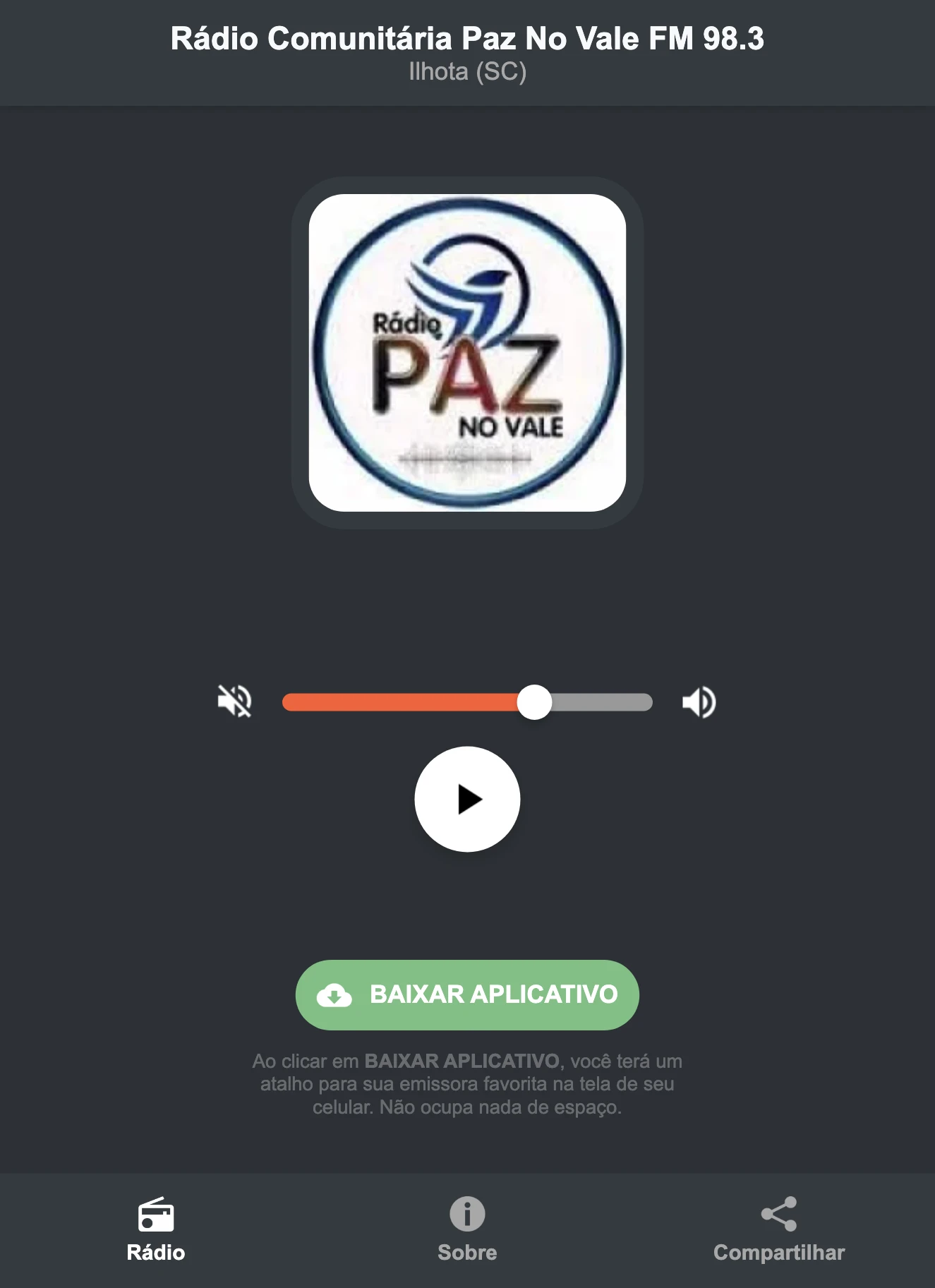Screenshot do aplicativo da Rádio Comunitária Paz No Vale FM 98.3