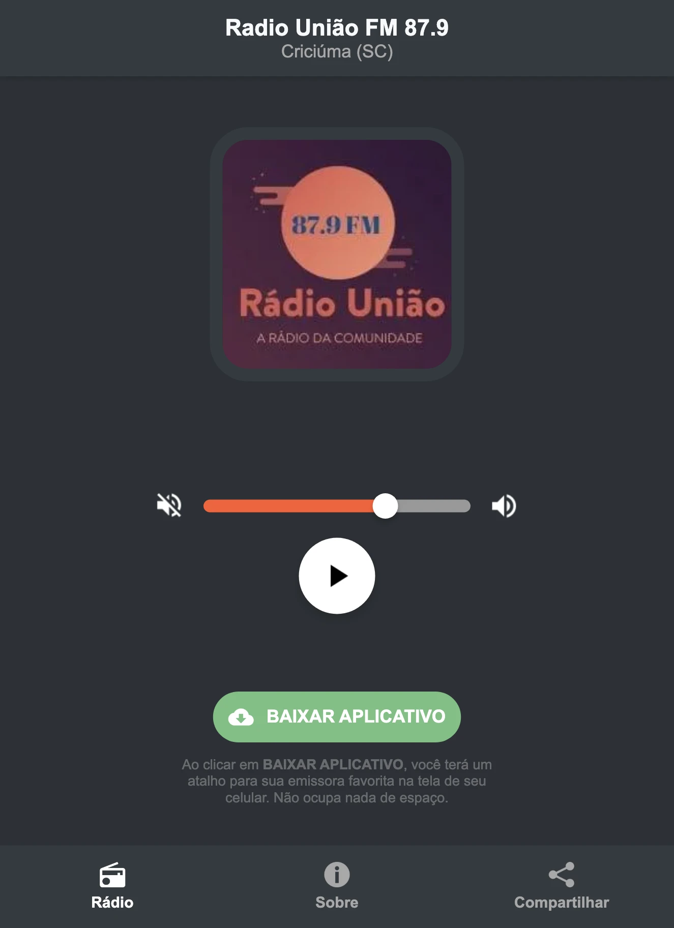 Screenshot do aplicativo da Radio União FM 87.9