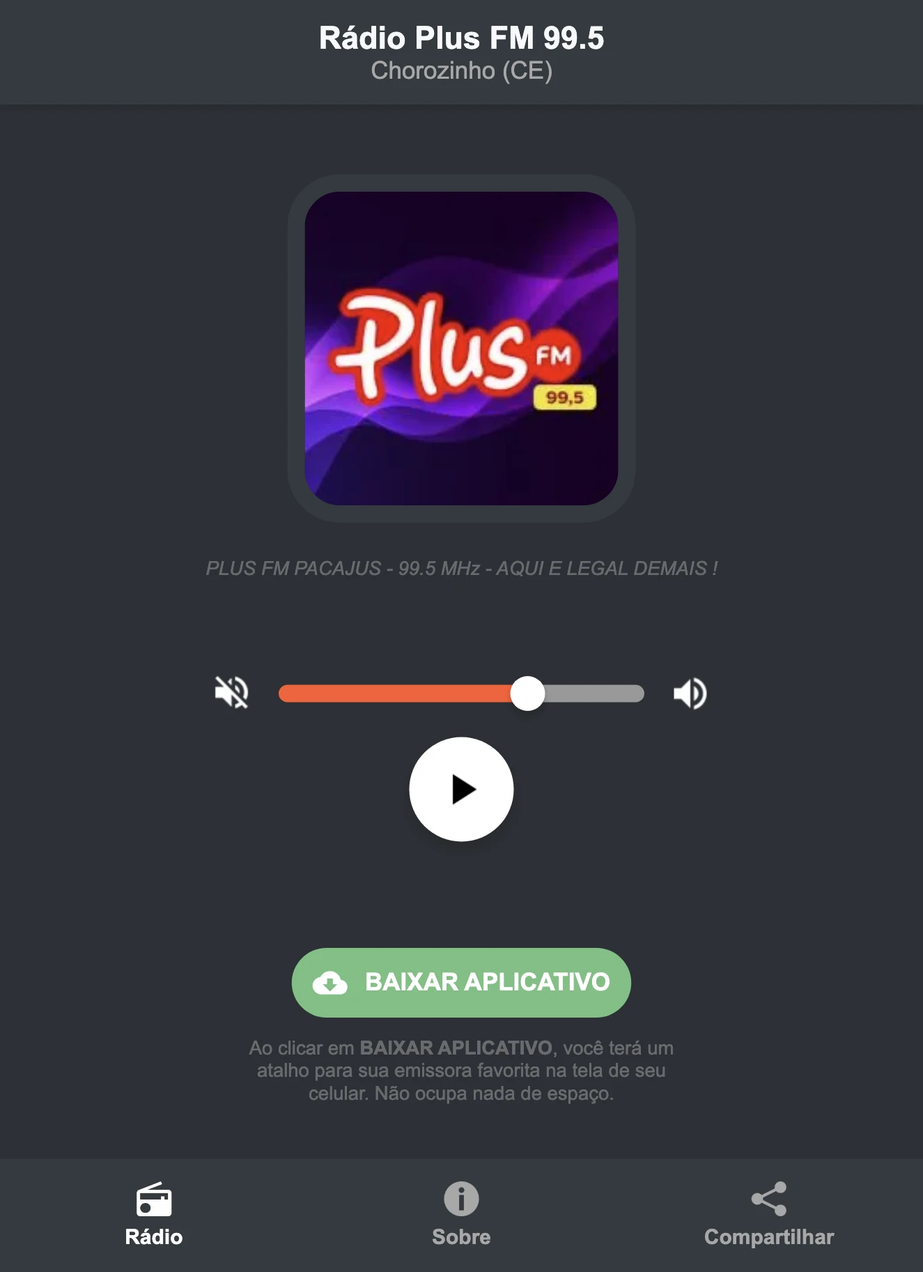 Screenshot do aplicativo da Rádio Plus FM 99.5