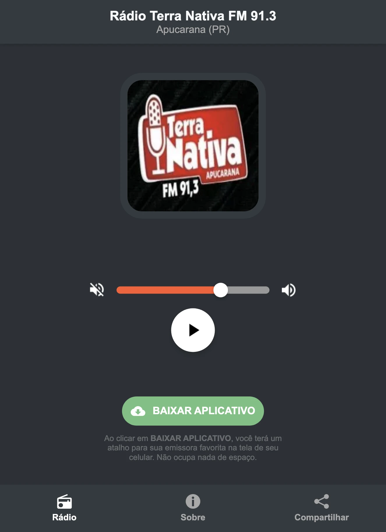 Screenshot do aplicativo da Rádio Terra Nativa FM 91.3
