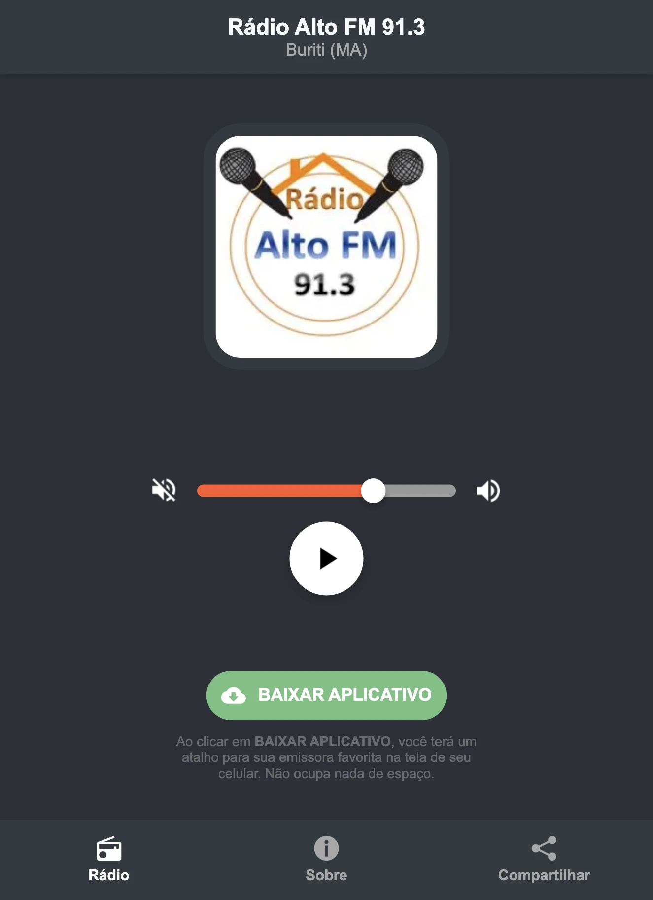 Screenshot do aplicativo da Rádio Alto FM 91.3