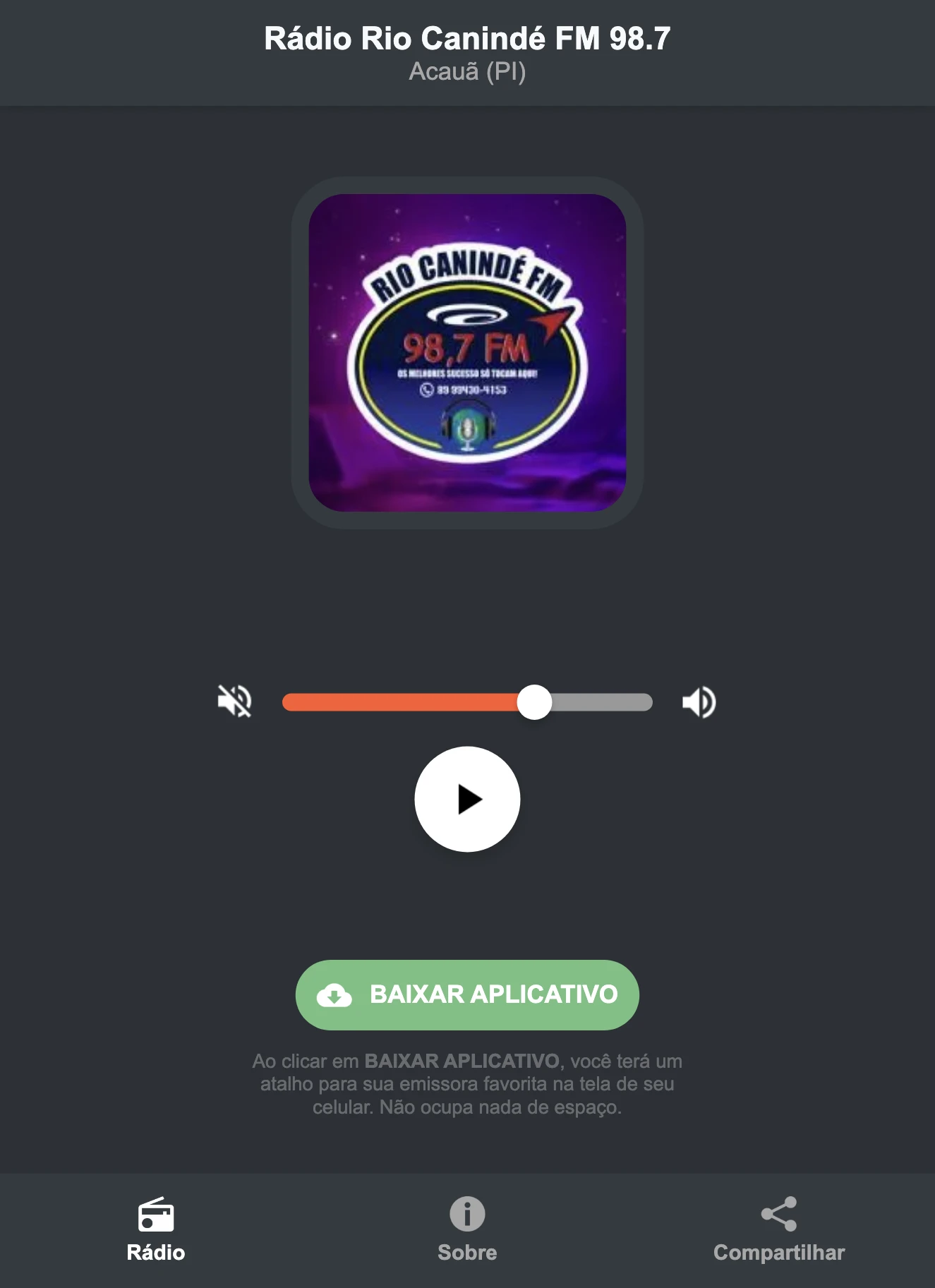 Screenshot do aplicativo da Rádio Rio Canindé FM 98.7